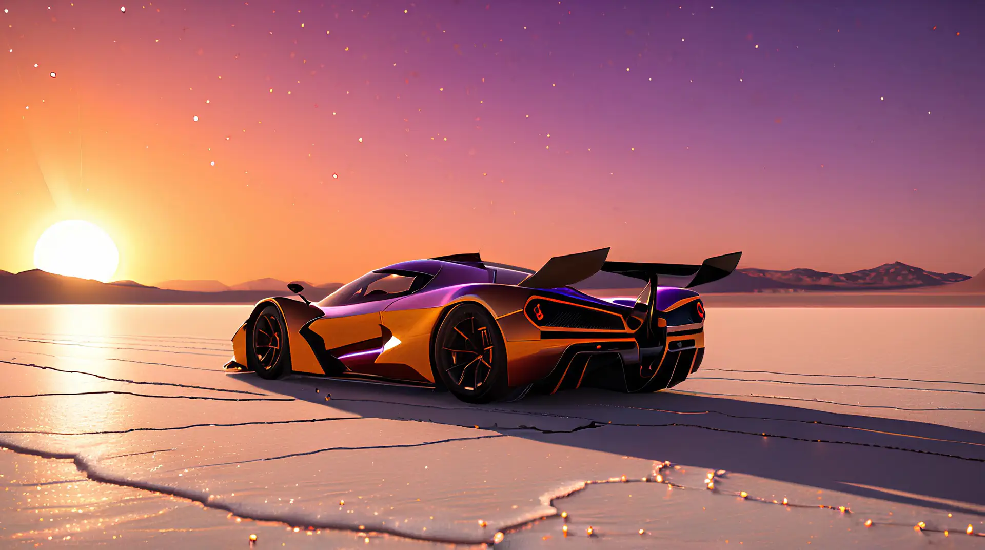 Oranje-Paarse Hypercar op Zoutvlakte bij Magische Zonsondergang