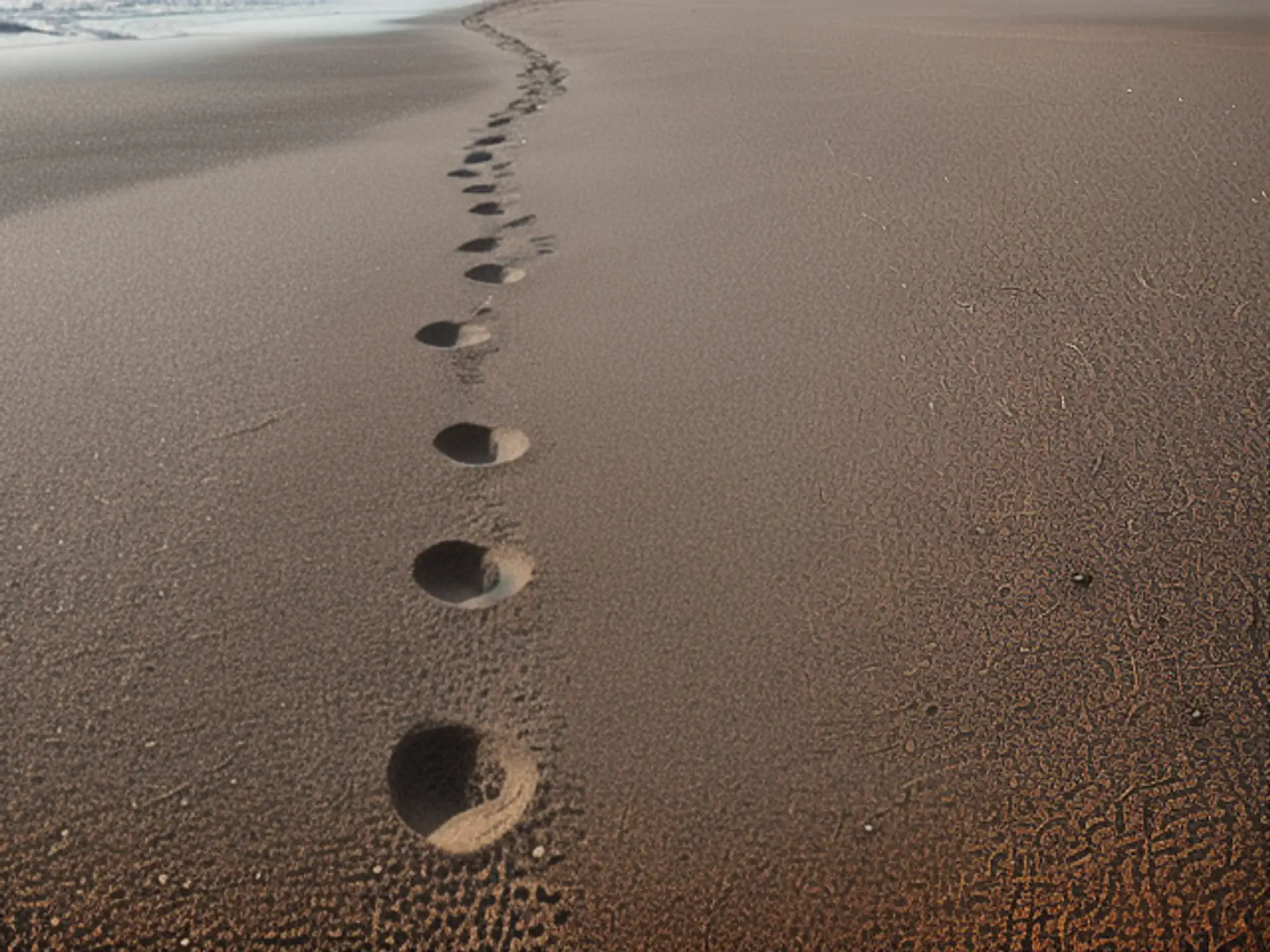 Slingerende voetsporen in nat strandzand langs de Nederlandse kust