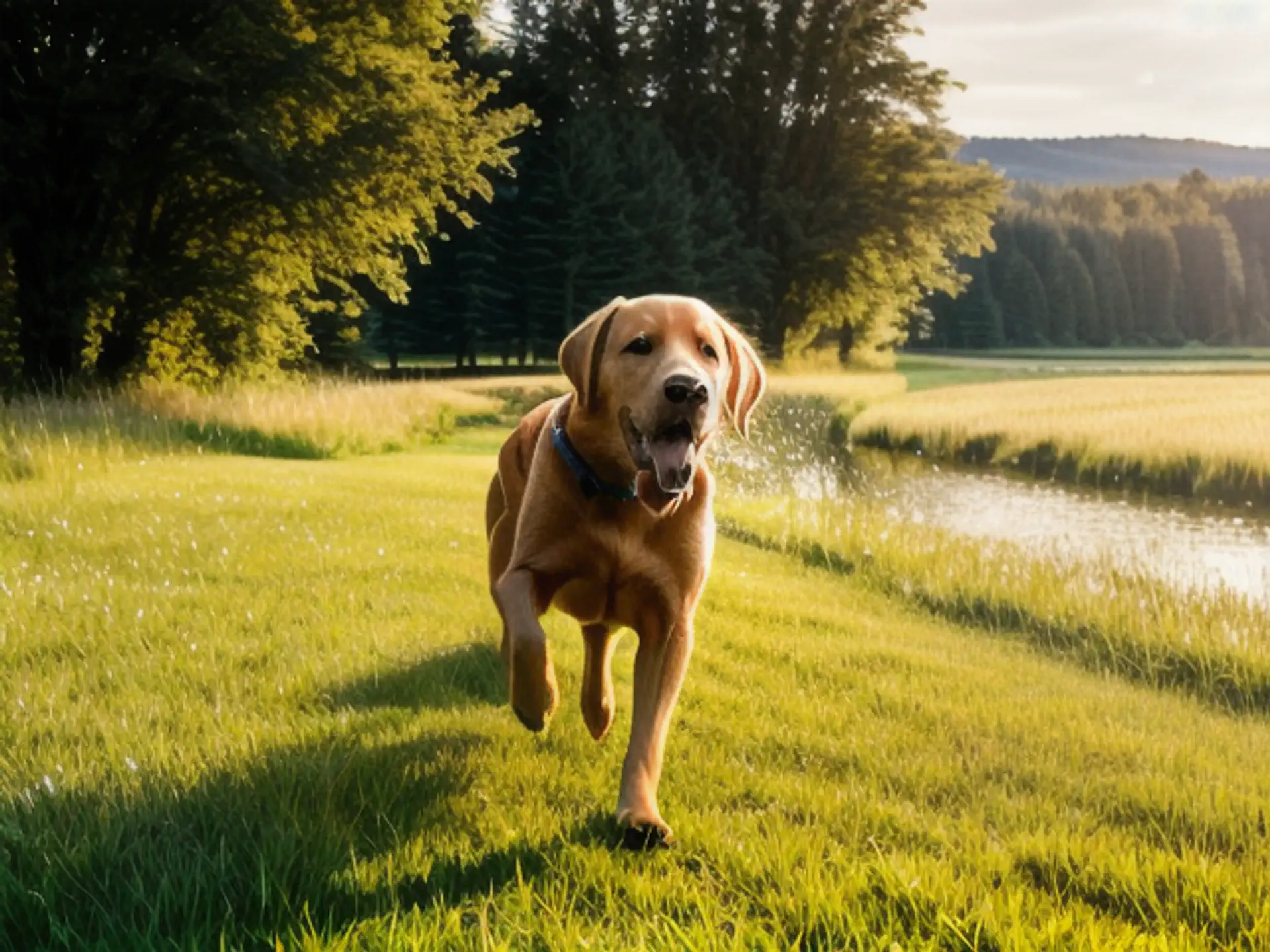 Vrolijke Labrador rent door zomers landschap bij zonsondergang