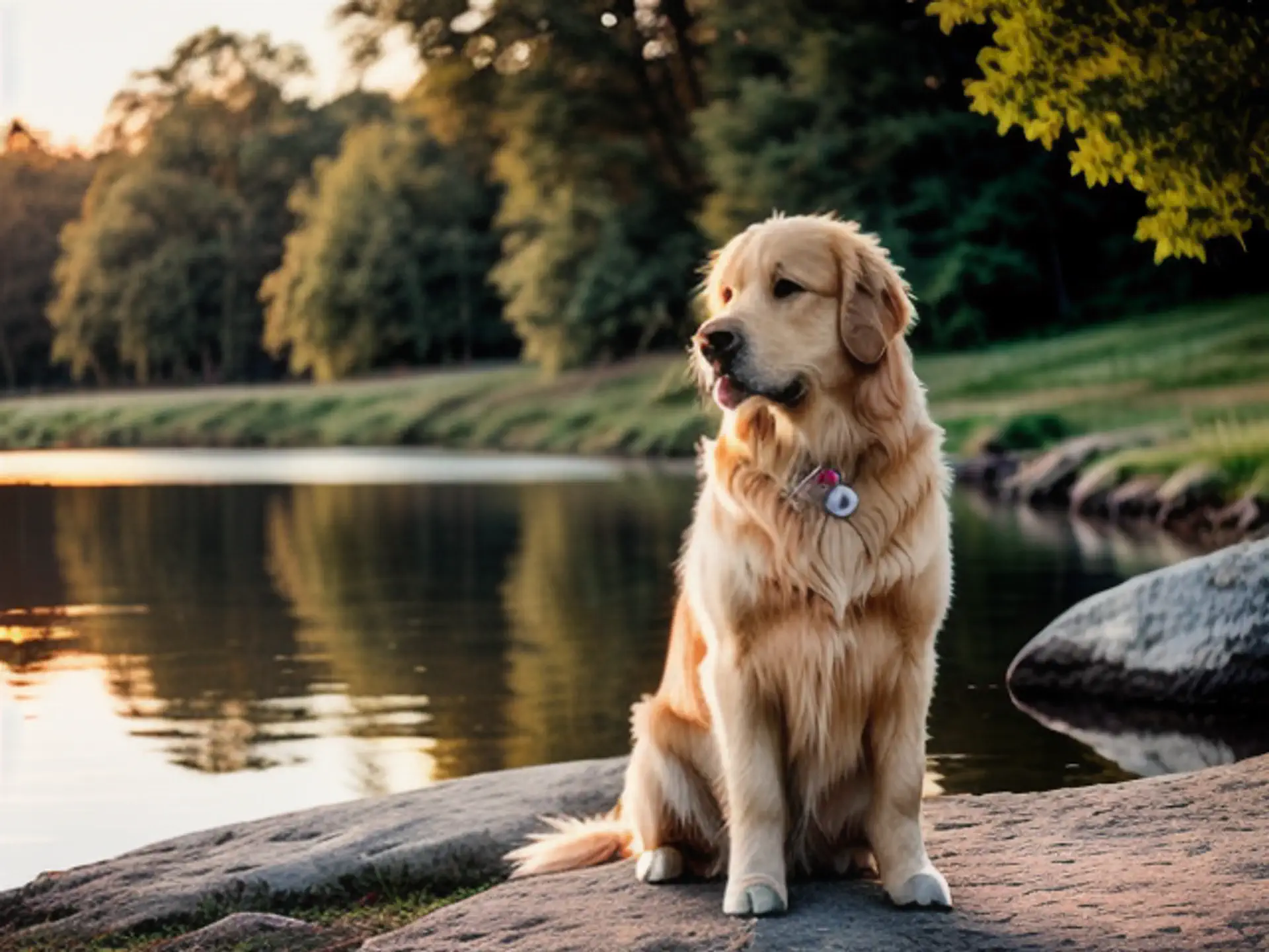 Golden Retriever bij meer tijdens gouden zonsondergang in natuurgebied