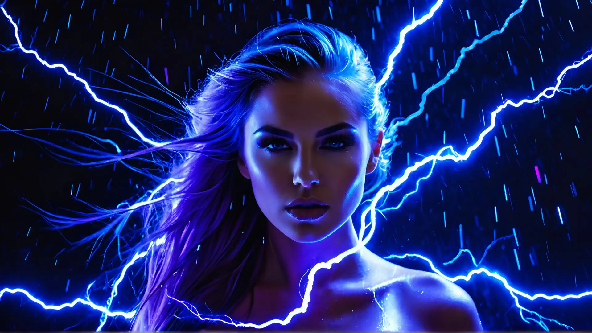 Kunstzinnig portret met bliksem en neon blauwe verlichting effecten