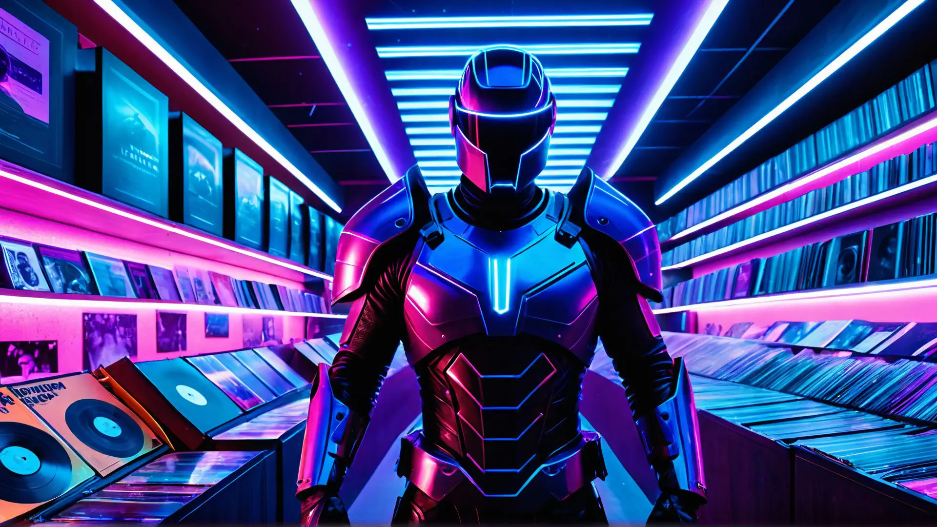 Futuristisch robot kostuum in neonverlichte vinylwinkel cyberpunk