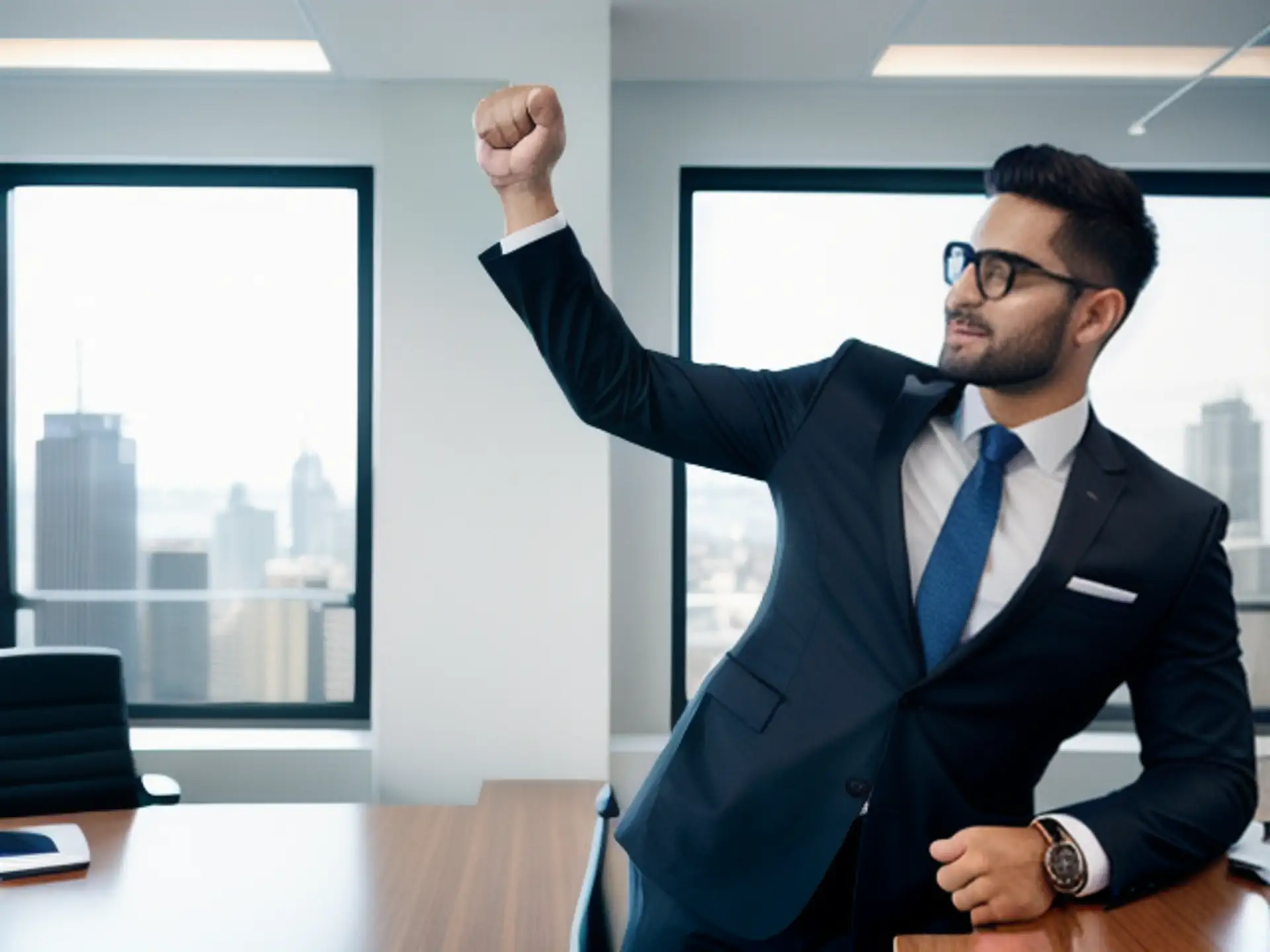 Succesvolle zakenman viert overwinning in modern kantoor met skyline