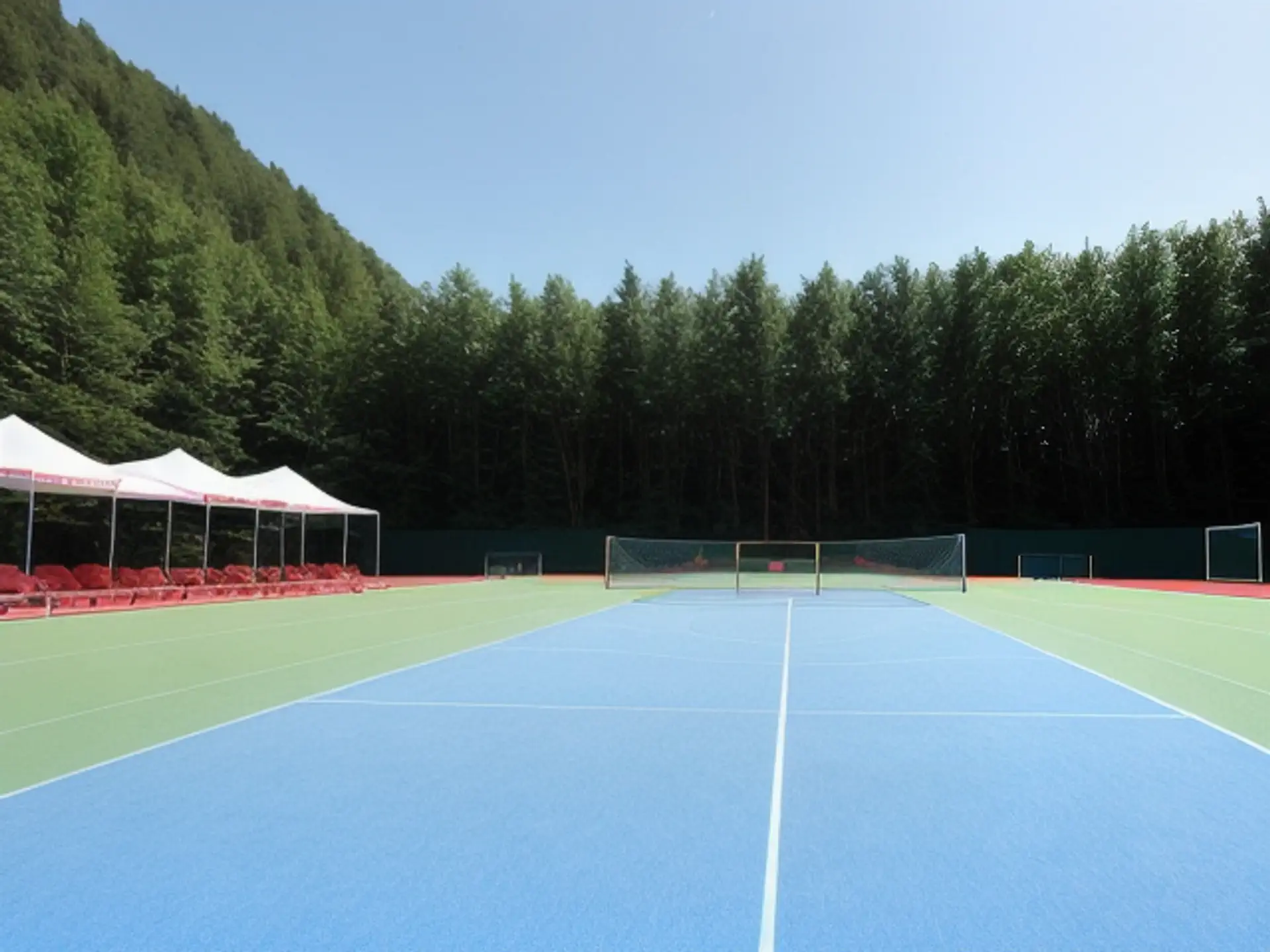 Buitensportveld met tennisbaan en tribunes in bosrijke omgeving