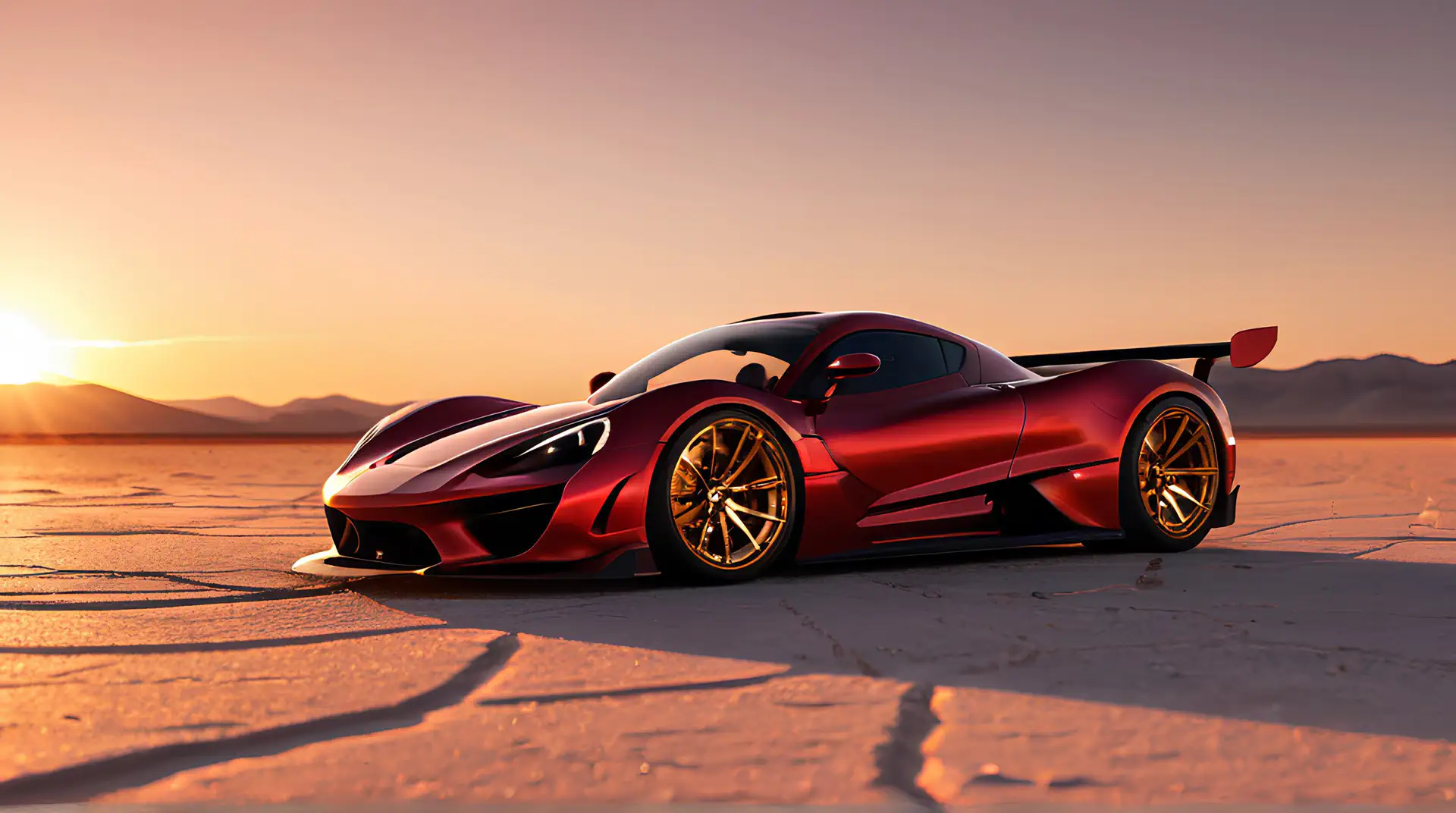Robijnrode Supercar op Zoutvlakte in Gouden Avondlicht 4K Wallpaper