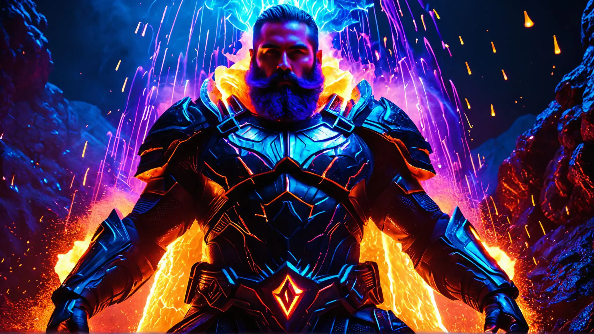 Futuristische krijger in neon harnas met spectaculaire lichteffecten