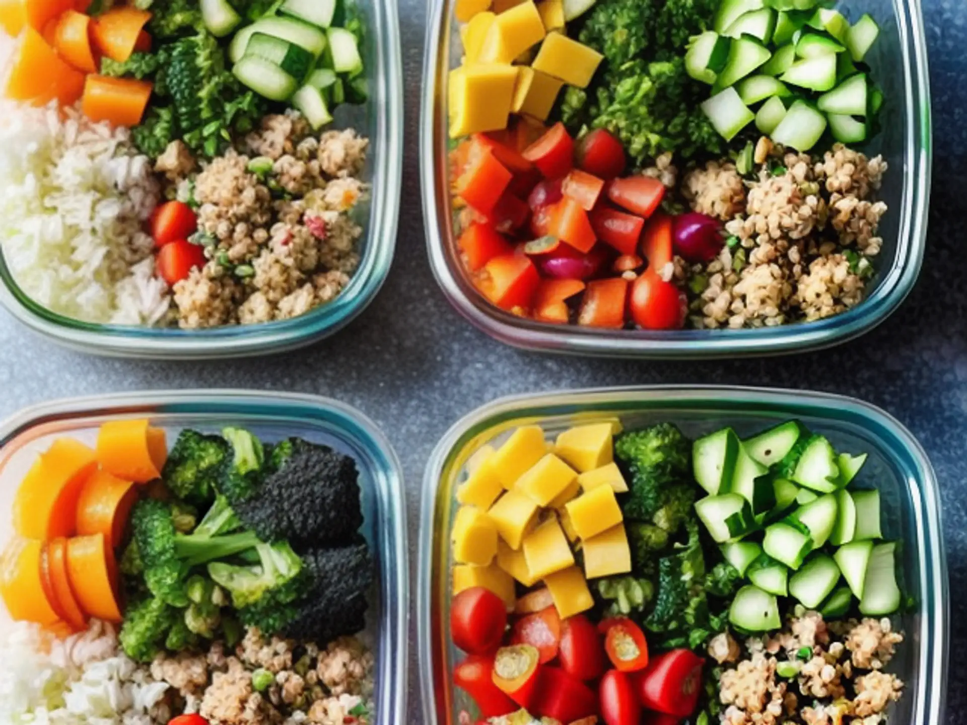 Kleurrijke meal prep bakjes met quinoa, groenten en gezonde proteïne