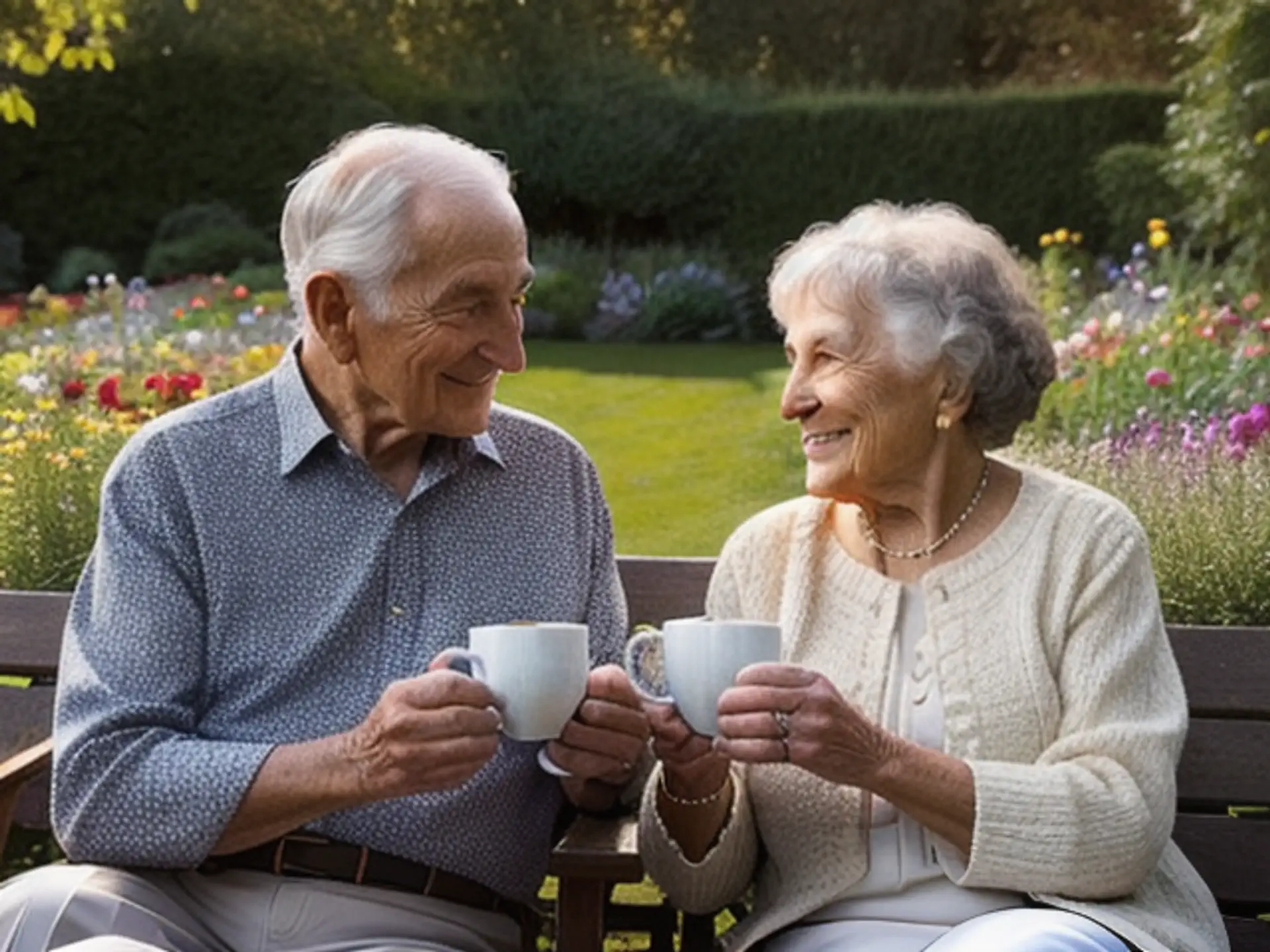 Gelukkig seniorenkoppel geniet van koffie in bloeiende zomertuin