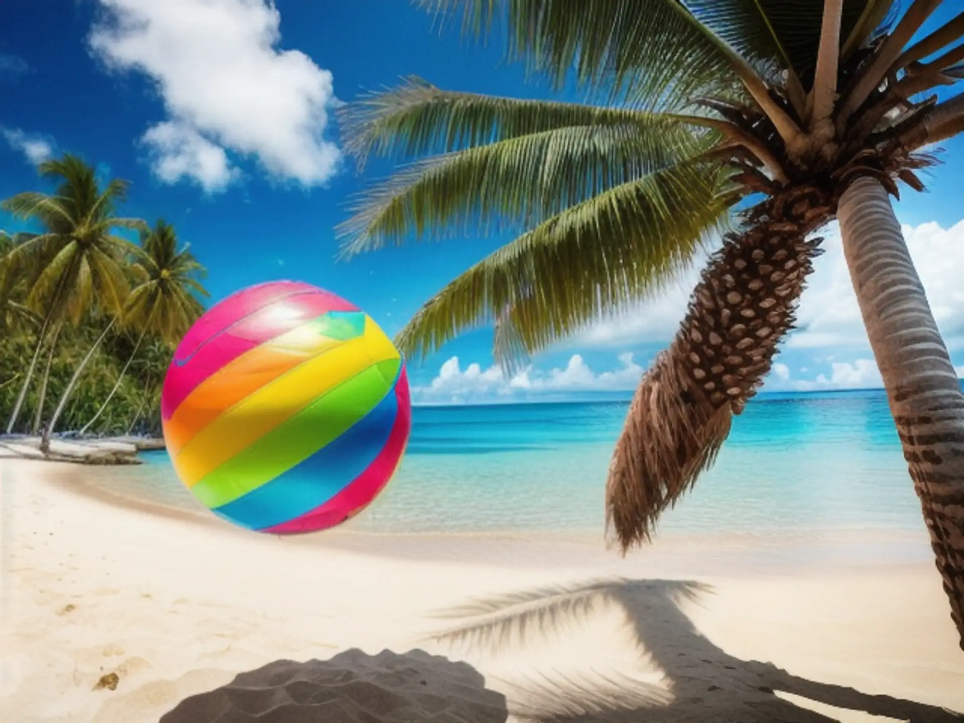 Kleurrijke strandbal op tropisch paradijsstrand met palmbomen