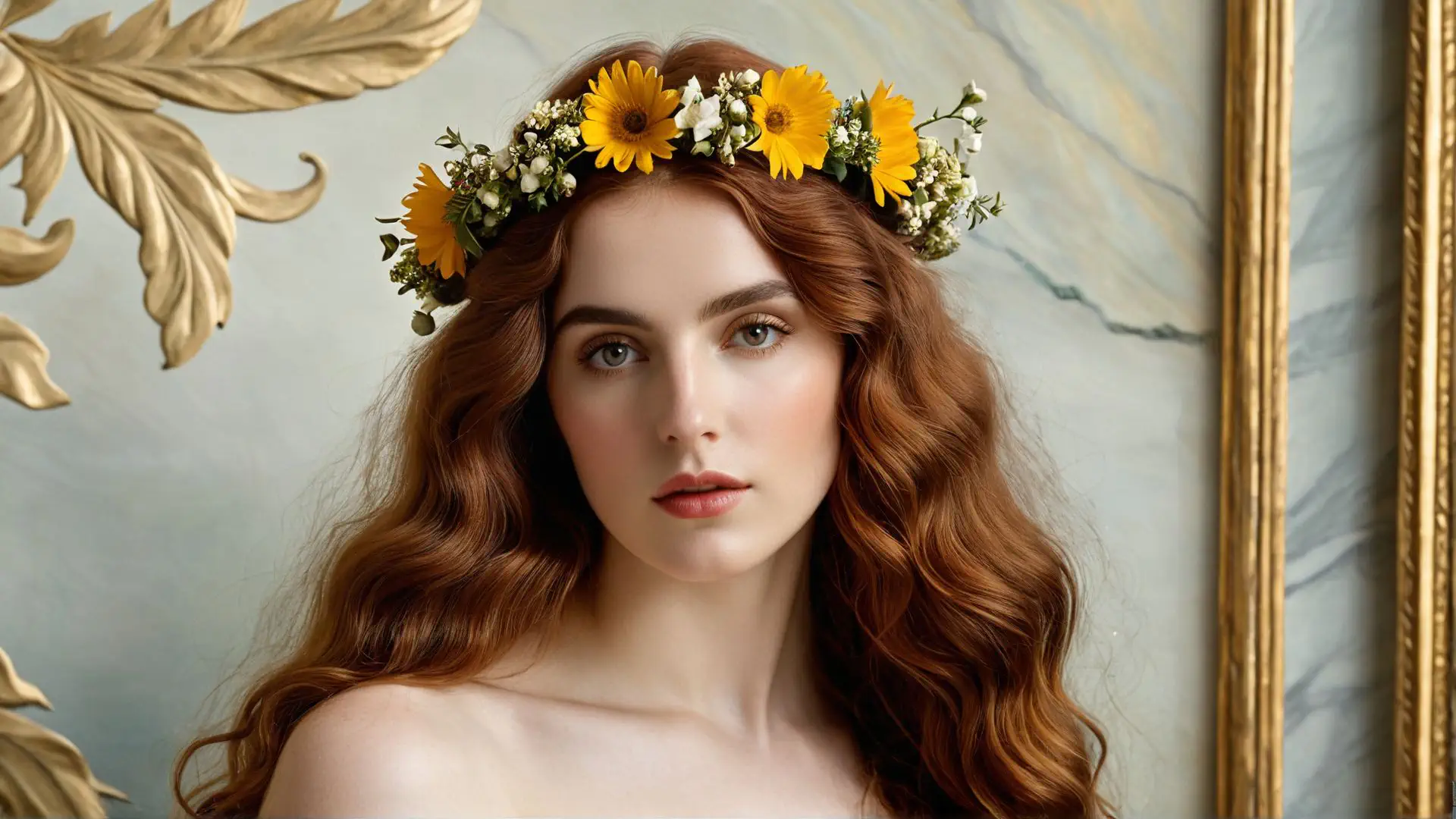 Romantische bloemenkrans met zonnebloemen en golvend haar portret