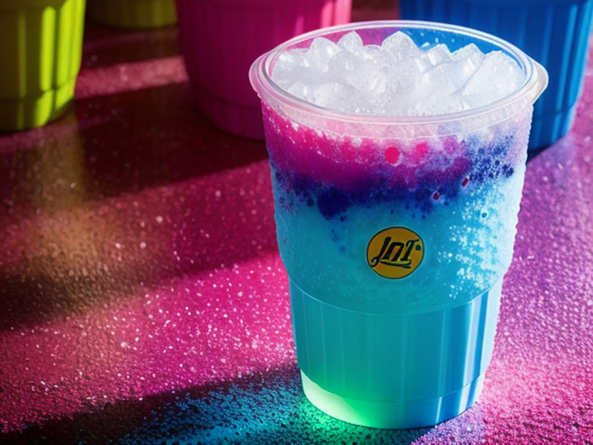 Kleurrijke zomercocktail met ijsblokjes in trendy neon verlichting