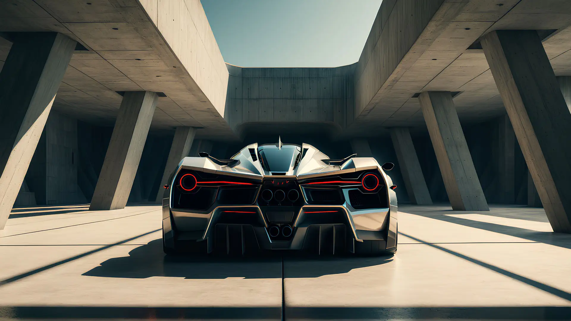 Zilverwitte Hypercar met Rode Cirkelverlichting in Brutalistische Betonarchitectuur