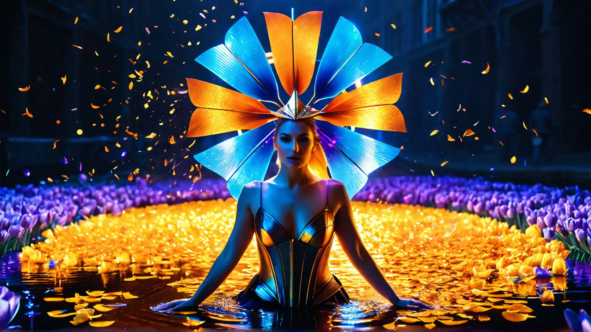Fantasierijk kunstportret met tulpenveld en lichtgevende hoofdtooi