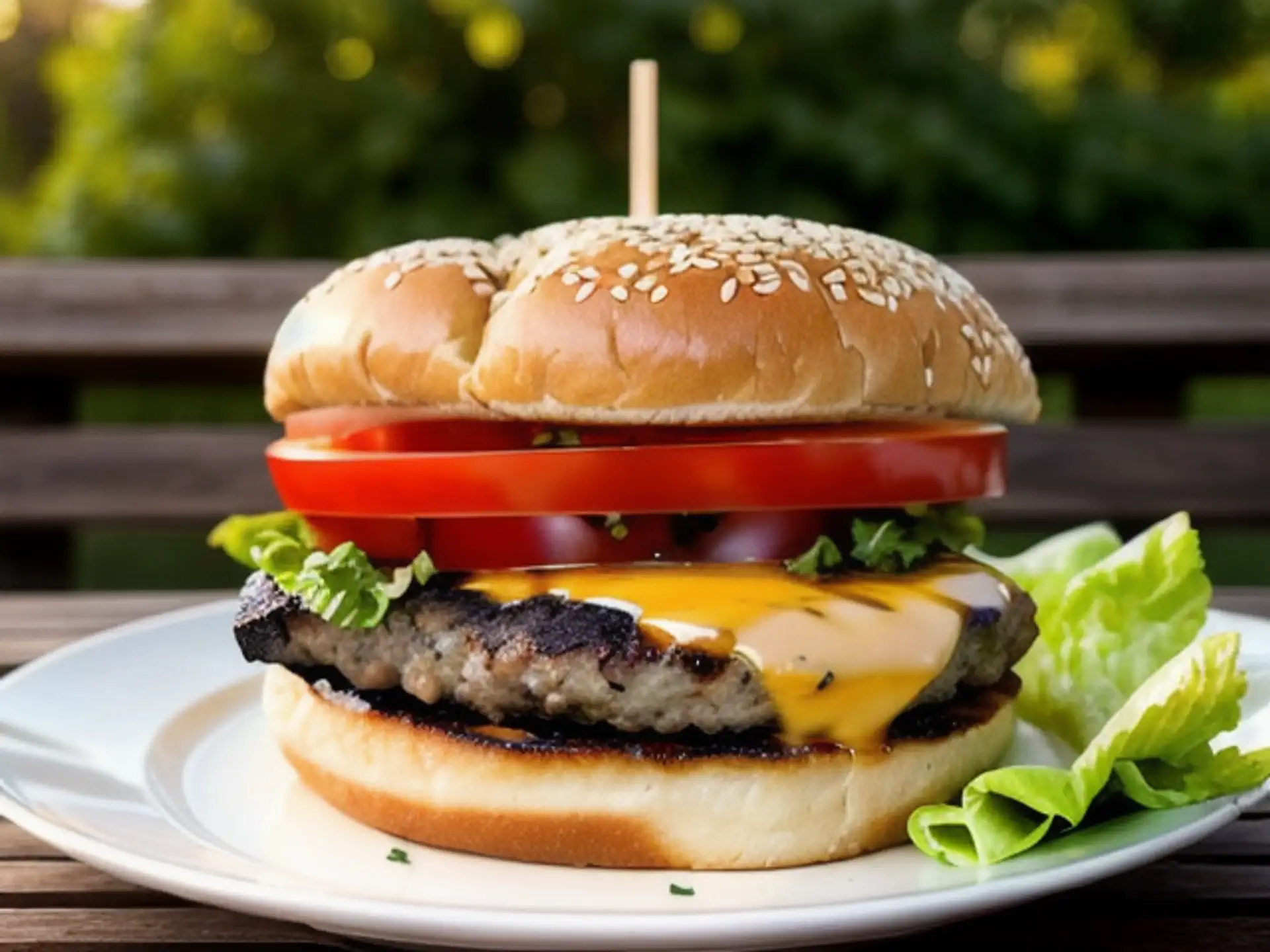Sappige cheeseburger met sesambroodje en verse groenten op tuinterras