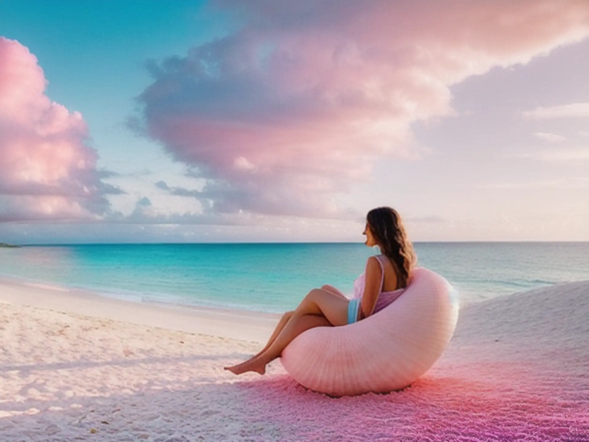 Dromerige zonsondergang op tropisch strand met roze loungestoel