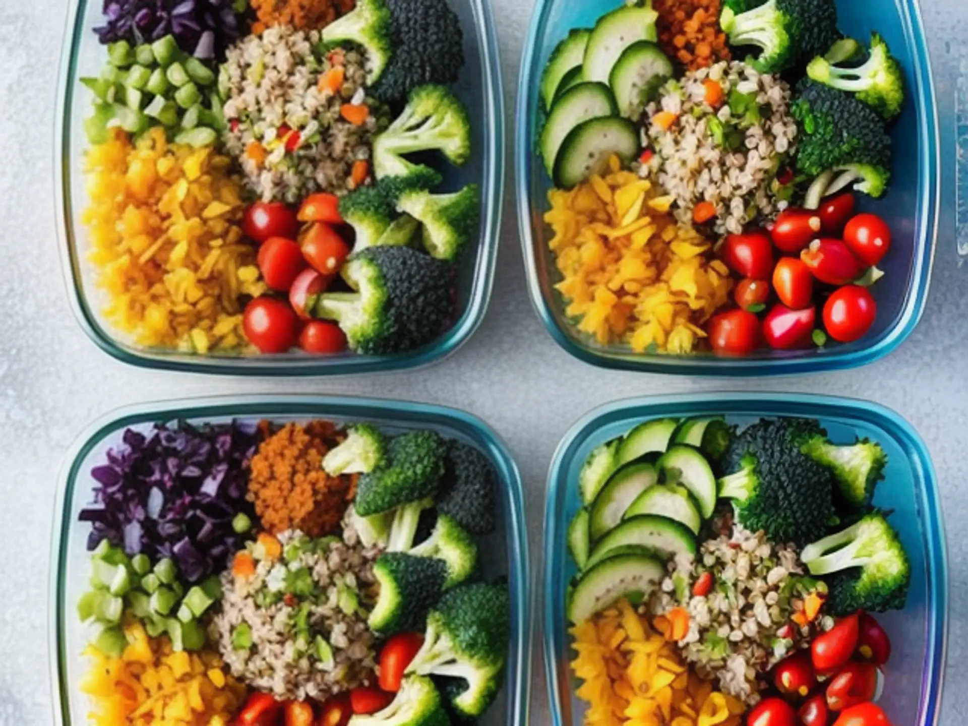 Kleurrijke meal prep bakjes met quinoa en verse groenten