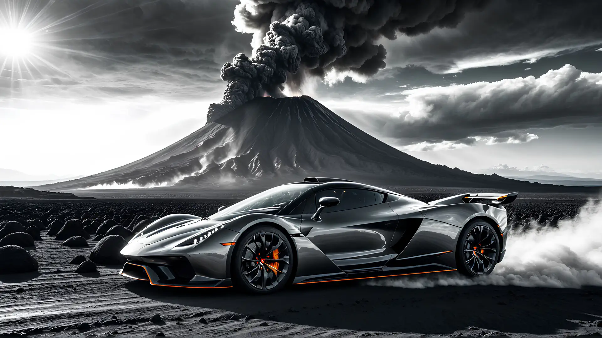Zilvergrijze Hypercar met Oranje Accenten voor Uitbarstende Vulkaan