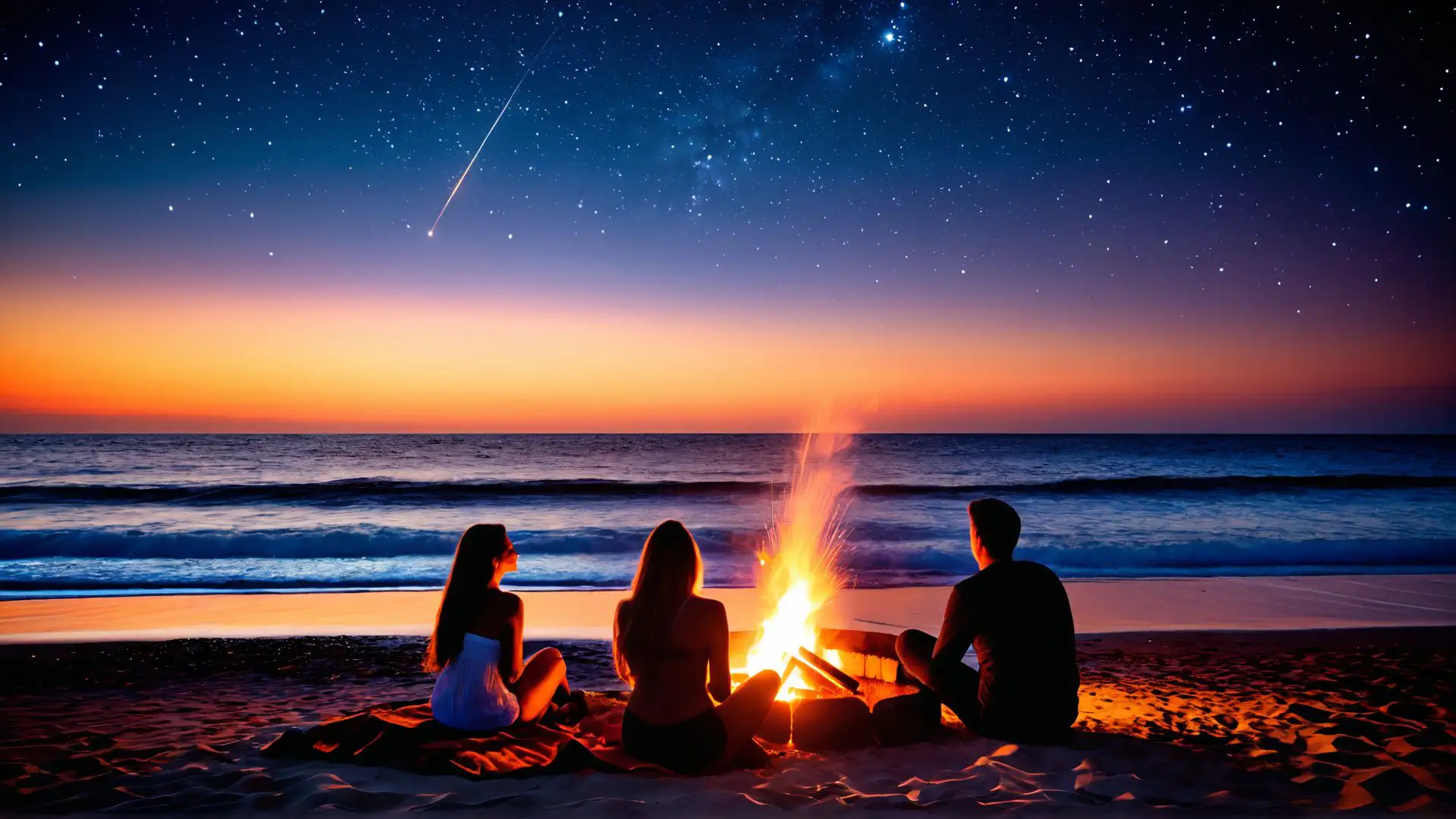 Magische strandavond met kampvuur onder vallende ster aan zee