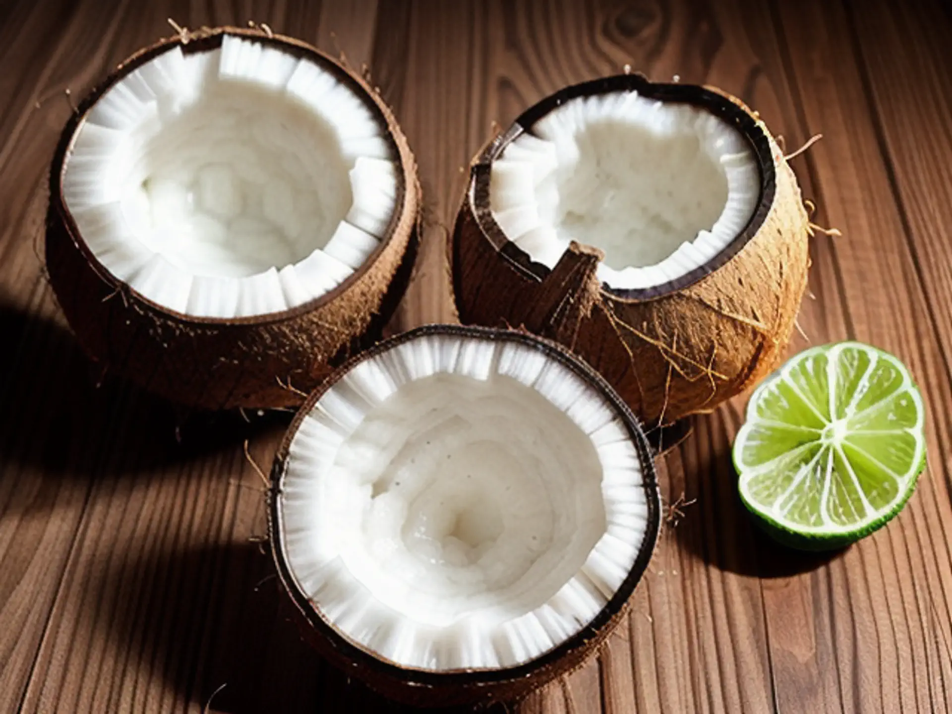 Verse kokosnoten en limoen op houten ondergrond - tropische foodfoto