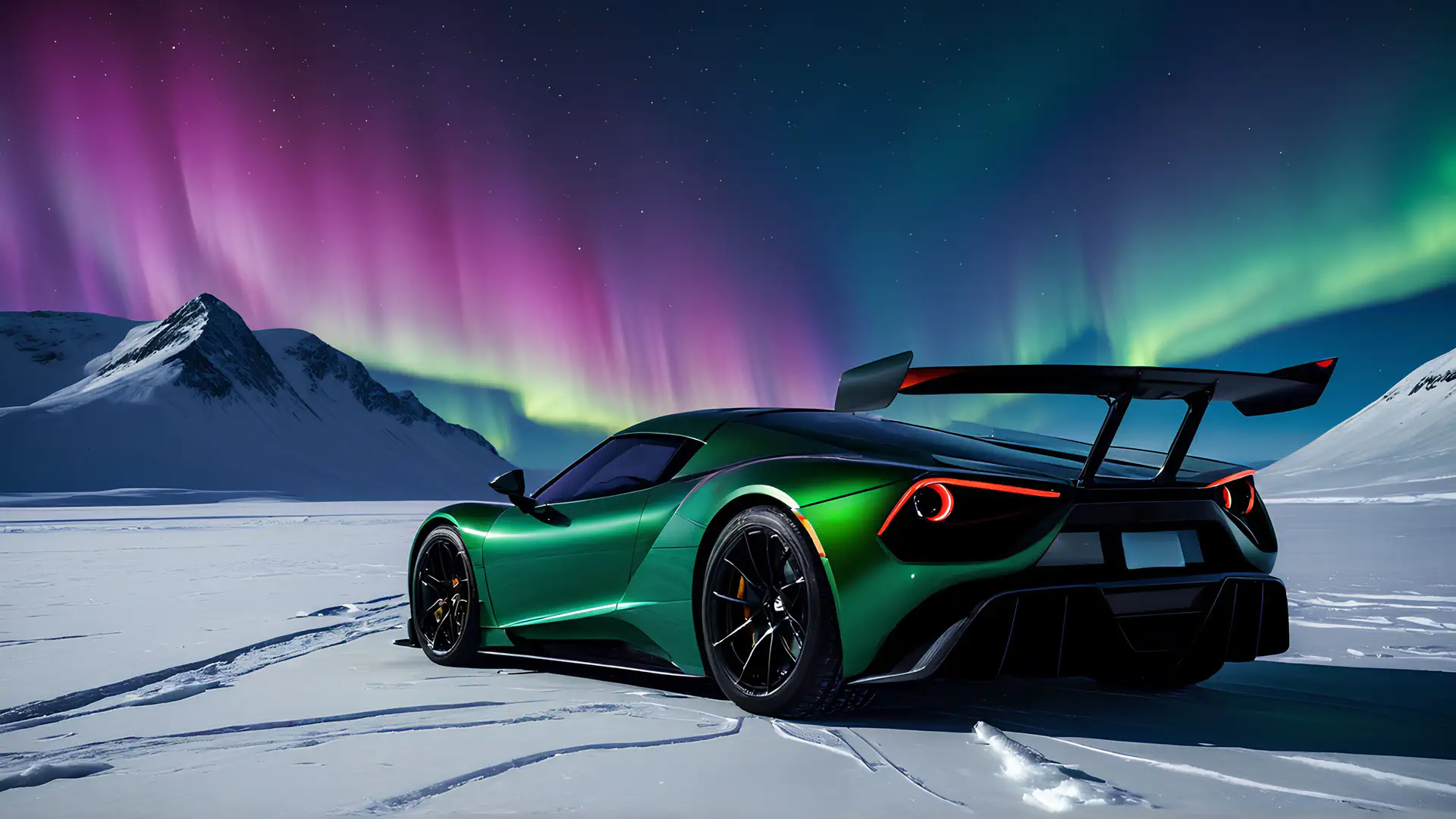 Smaragdgroene Hypercar onder Spectaculaire Aurora Borealis in Arctisch Sneeuwlandschap