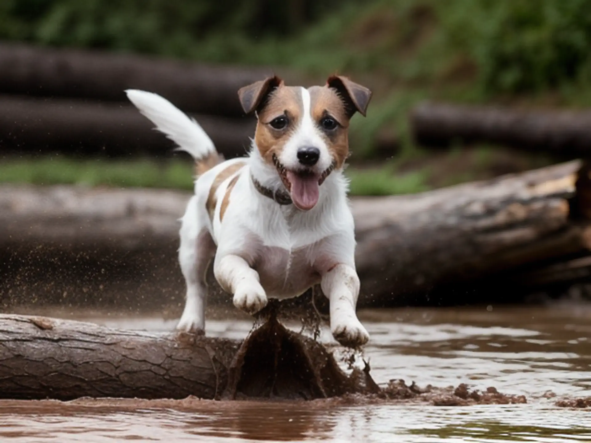Speelse Jack Russell terriër springt energiek over boomstam in water