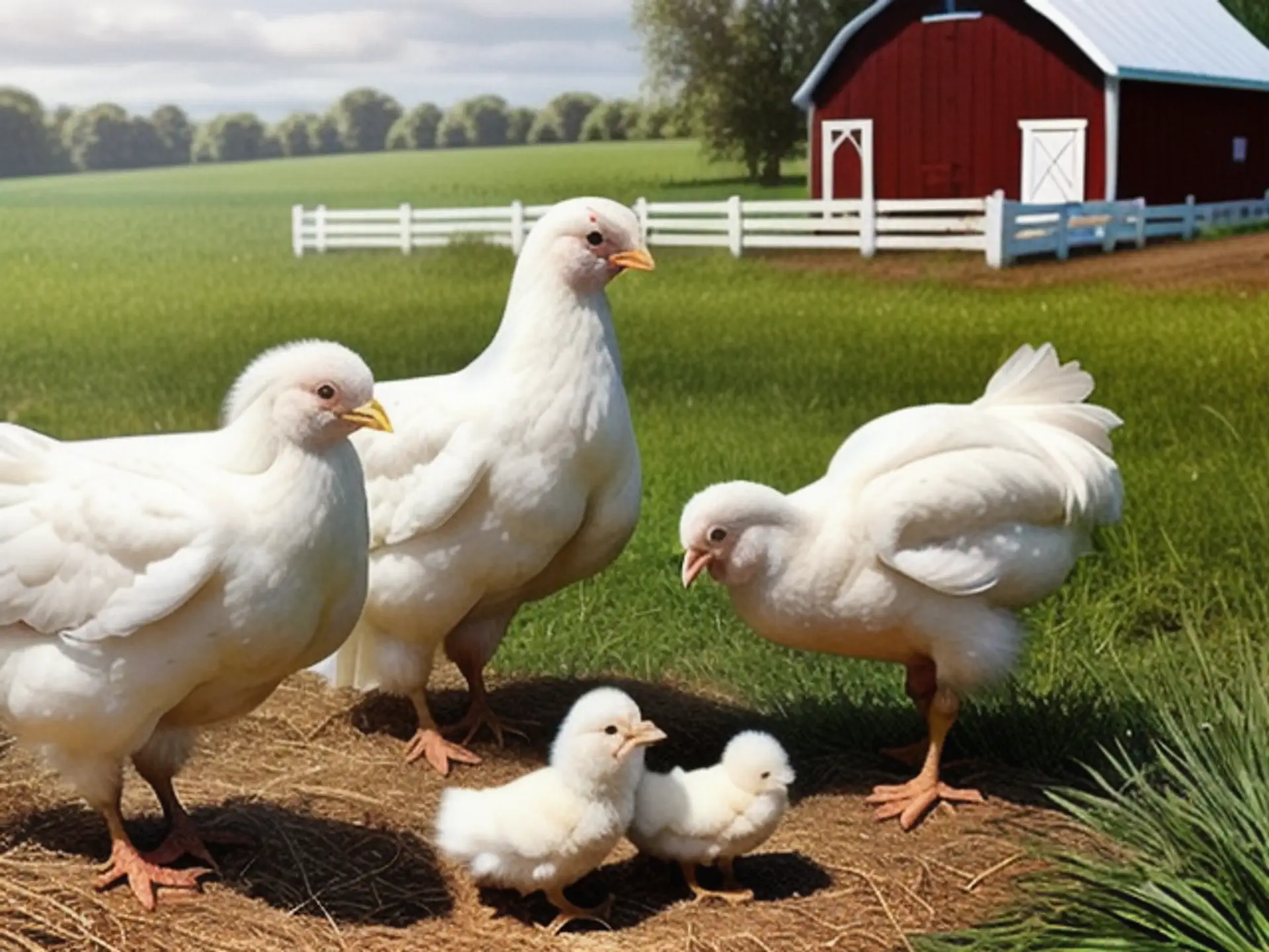 Witte kippen met kuikens bij traditionele rode schuur op boerenerf