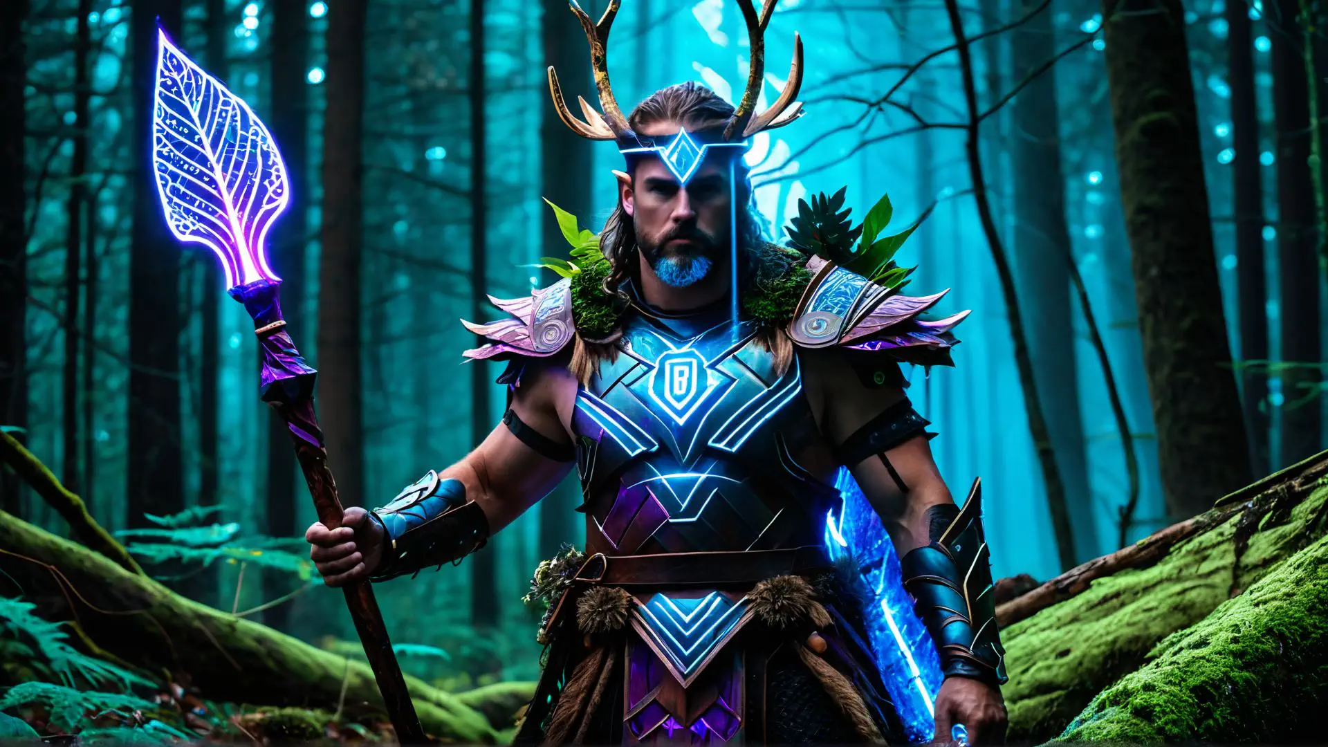 Magische fantasy krijger met neon harnas in betoverd nevelbos