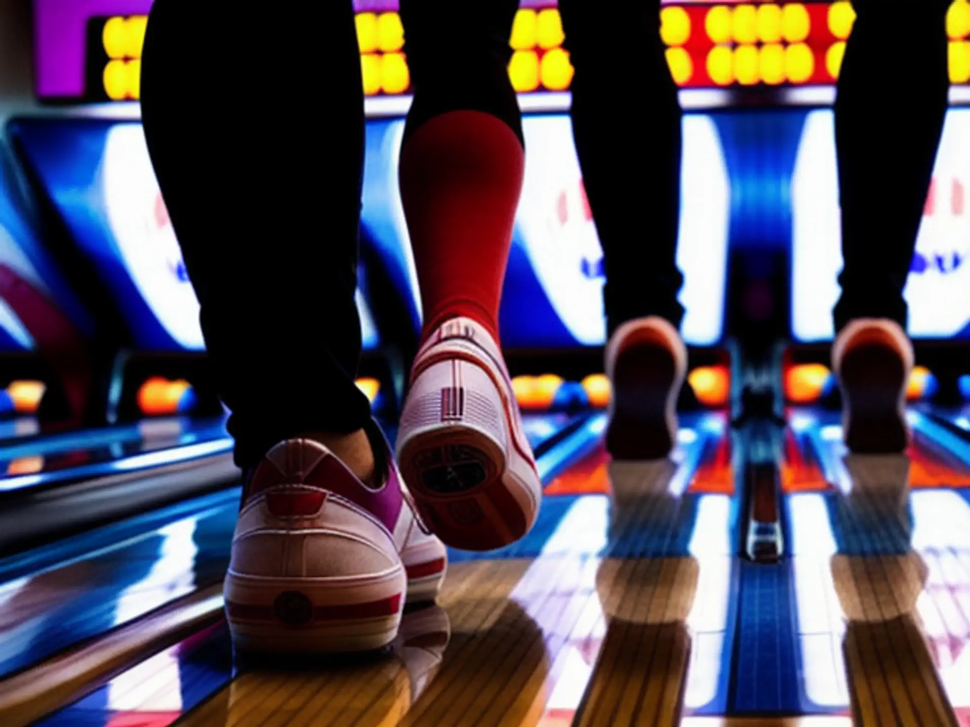 Kleurrijke bowlingbaan met bowlingschoenen in actieve speelhouding