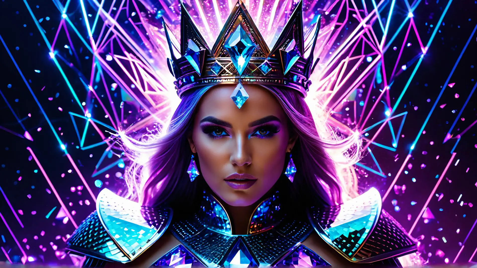 Futuristische koningin met kristallen kroon in neon fantasiewereld