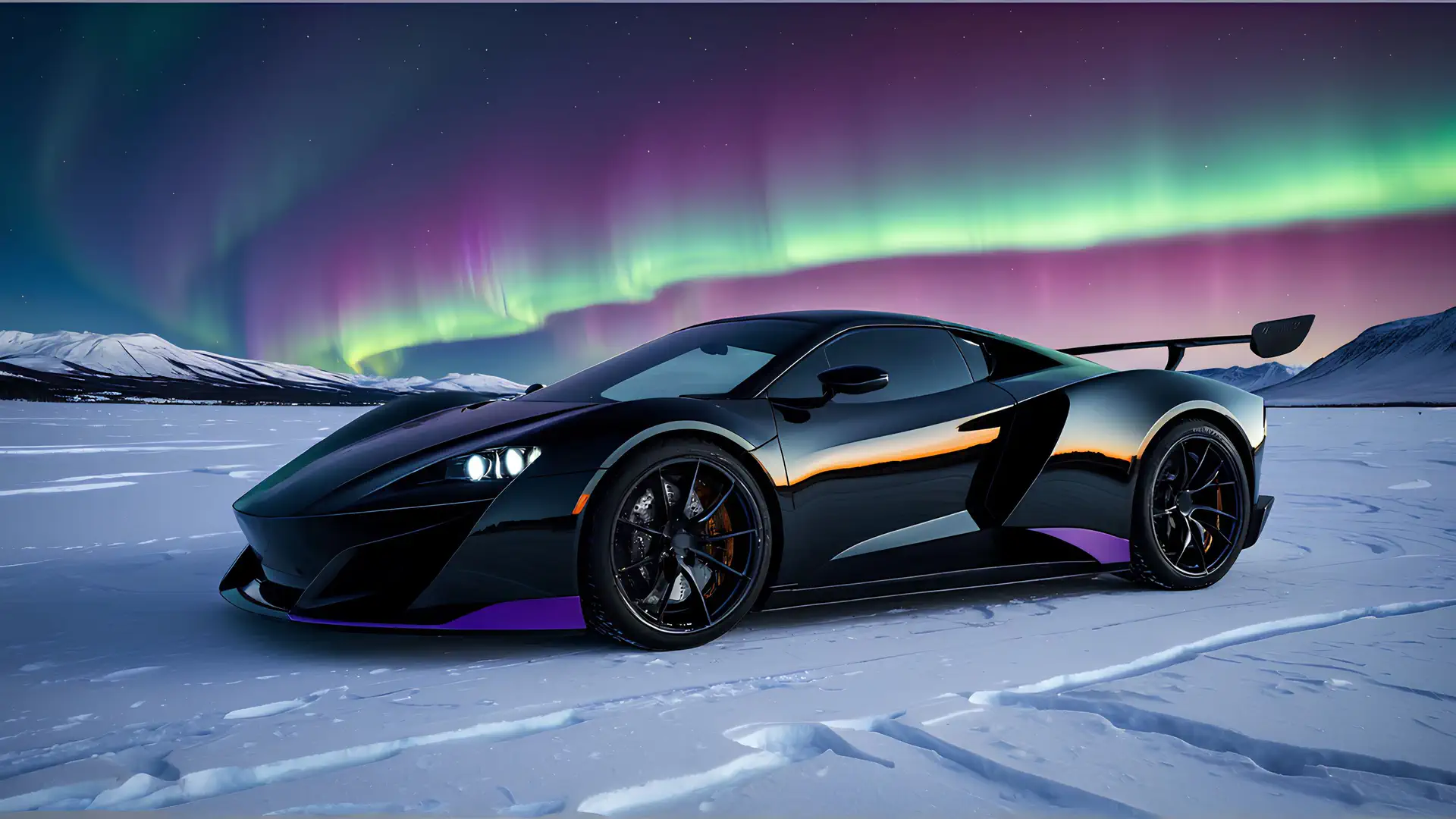 Zwarte Hypercar met Oranje en Paarse Accenten onder Noorderlicht in Arctisch Sneeuwlandschap