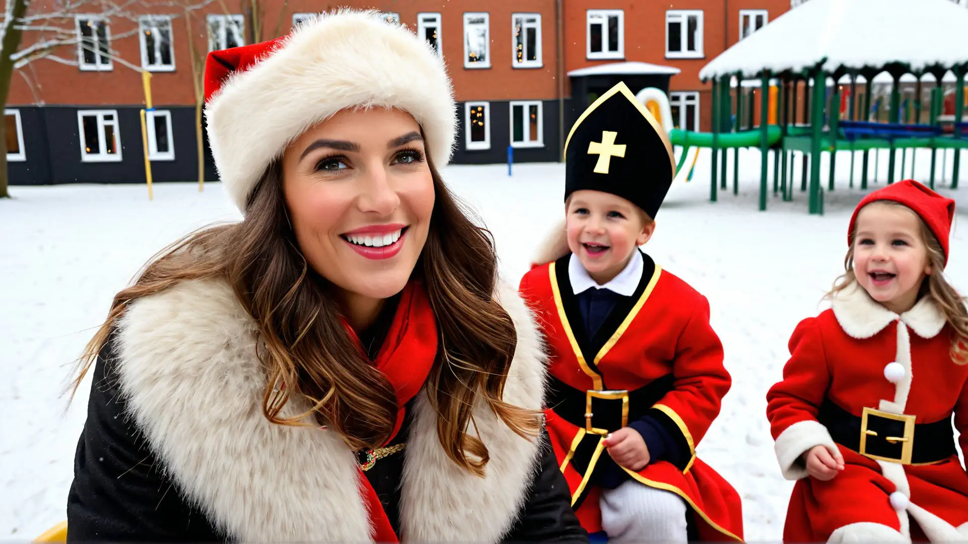 Winterse sinterklaassfeer met kinderen in feestelijke kostuums in