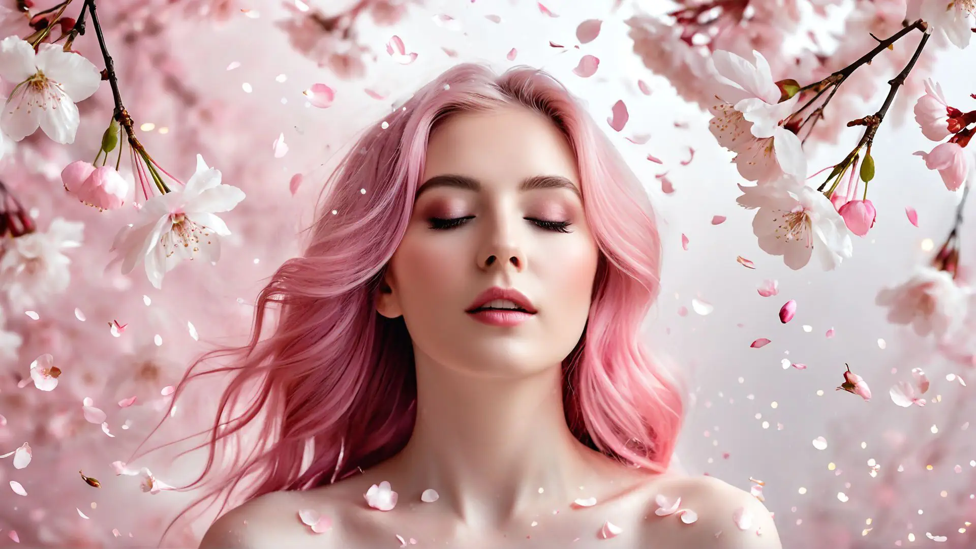 Dromerige lentescène met roze haar en kersenbloesems in volle bloei