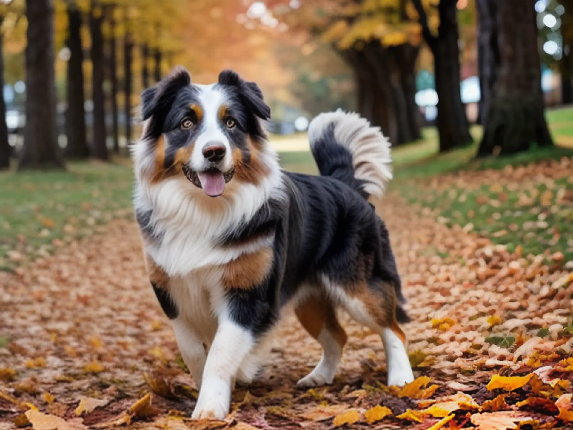 Vrolijke Australian Shepherd tussen herfstkleuren in bosrijk park