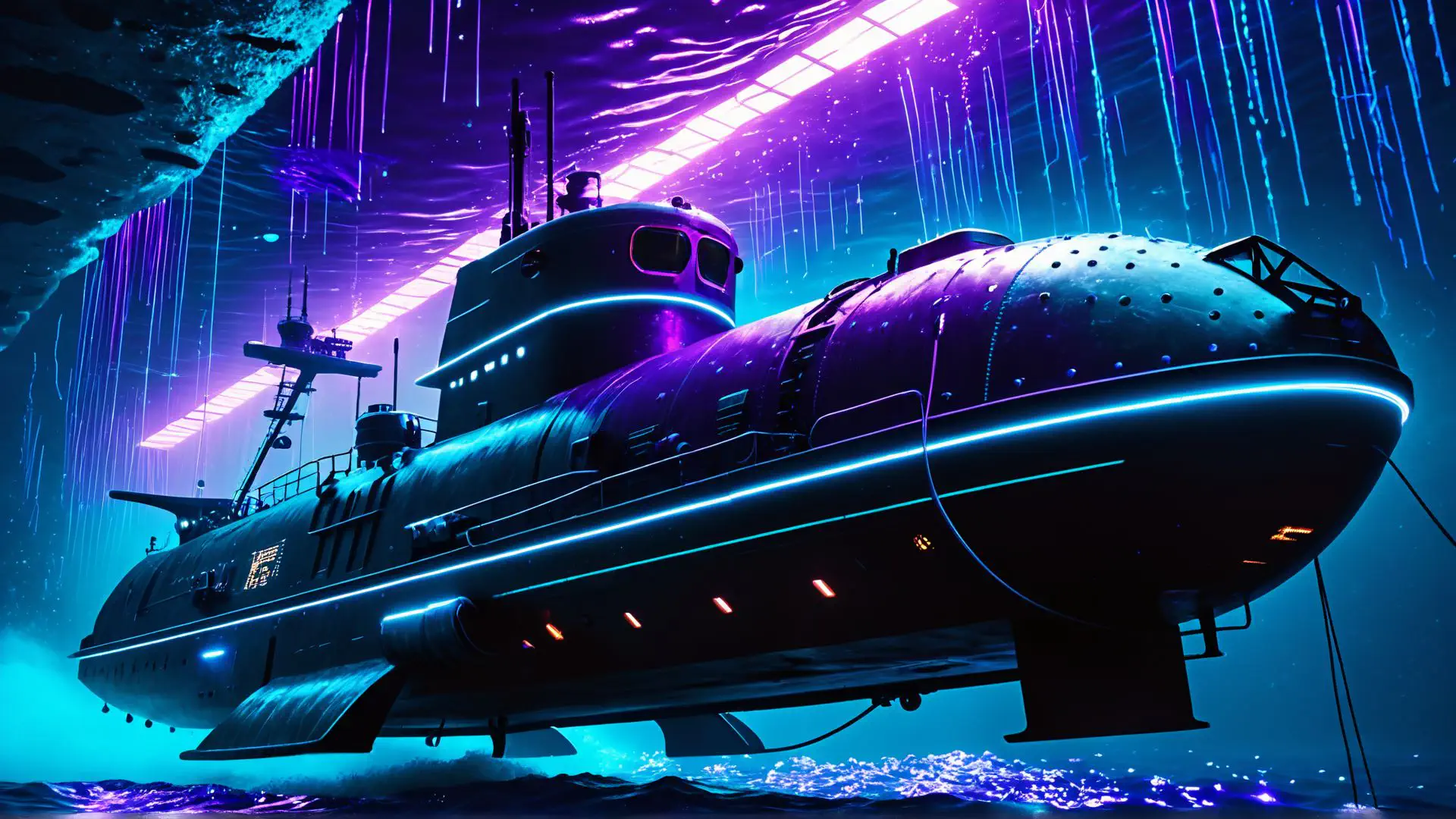 Futuristische onderzeeër in neon verlicht onderwaterlandschap