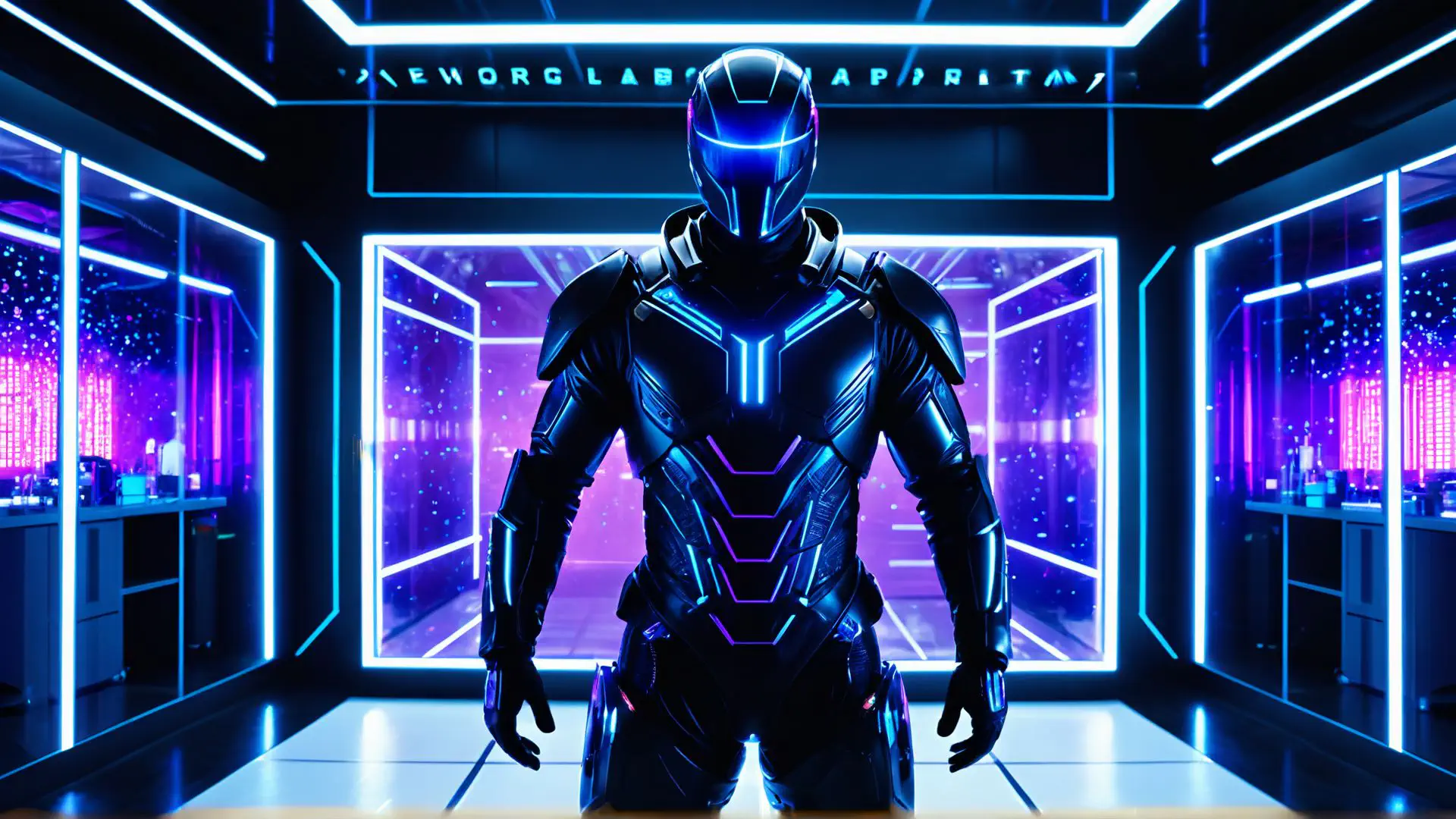 Futuristisch robotharnas in neon verlicht cyberpunk laboratorium