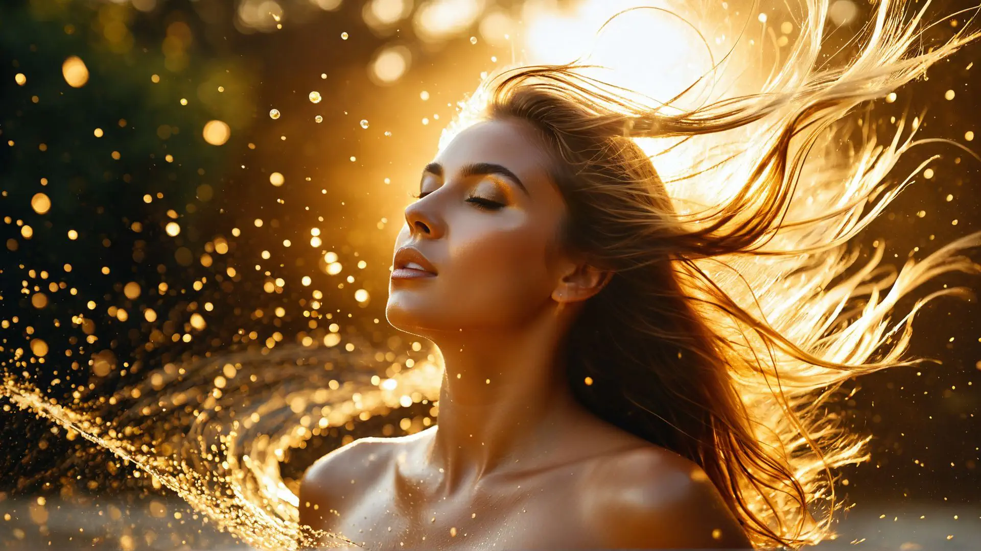 Artistiek portret met gouden zonlicht en sprankelende bokeh-effecten