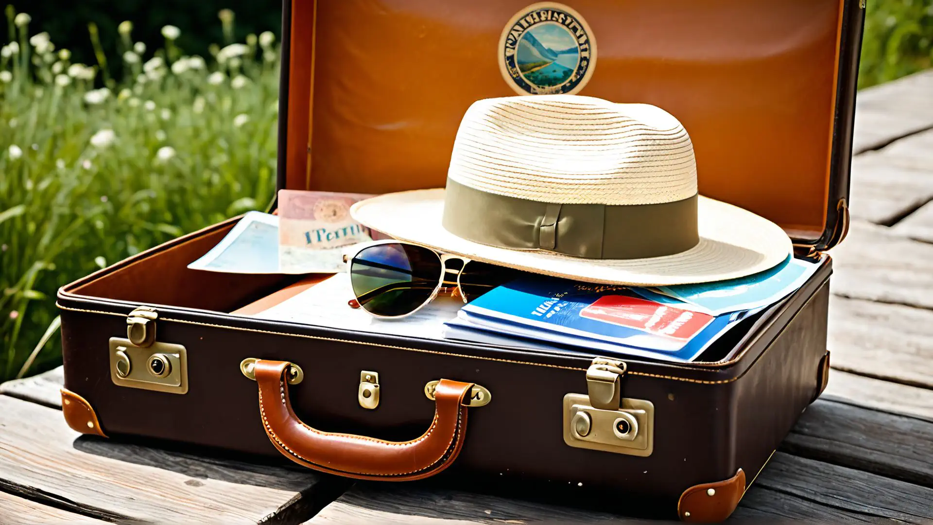Vintage koffer met zomerse vakantie-essentials in nostalgische setting
