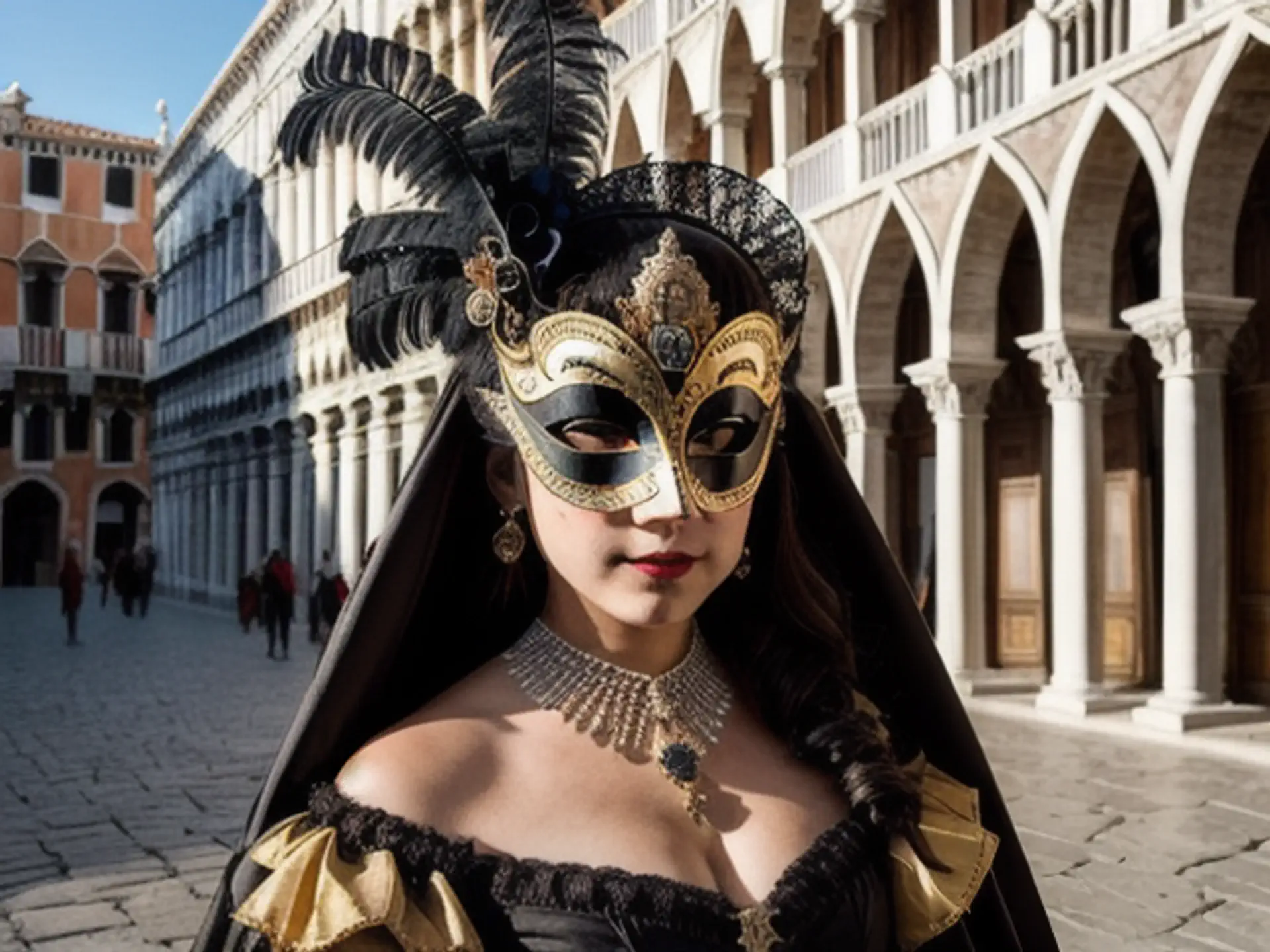 Venetiaans carnavalsmasker voor historische arcade op San Marco plein