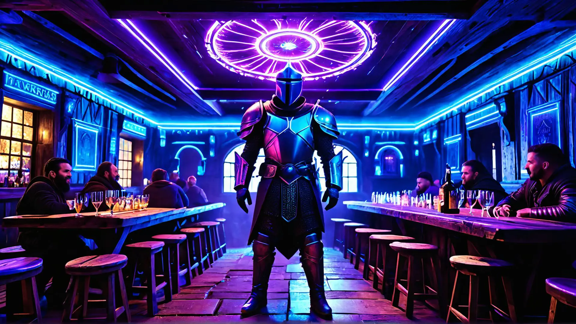 Futuristische ridder in neonverlichte fantasy bar met cyberpunk sfeer