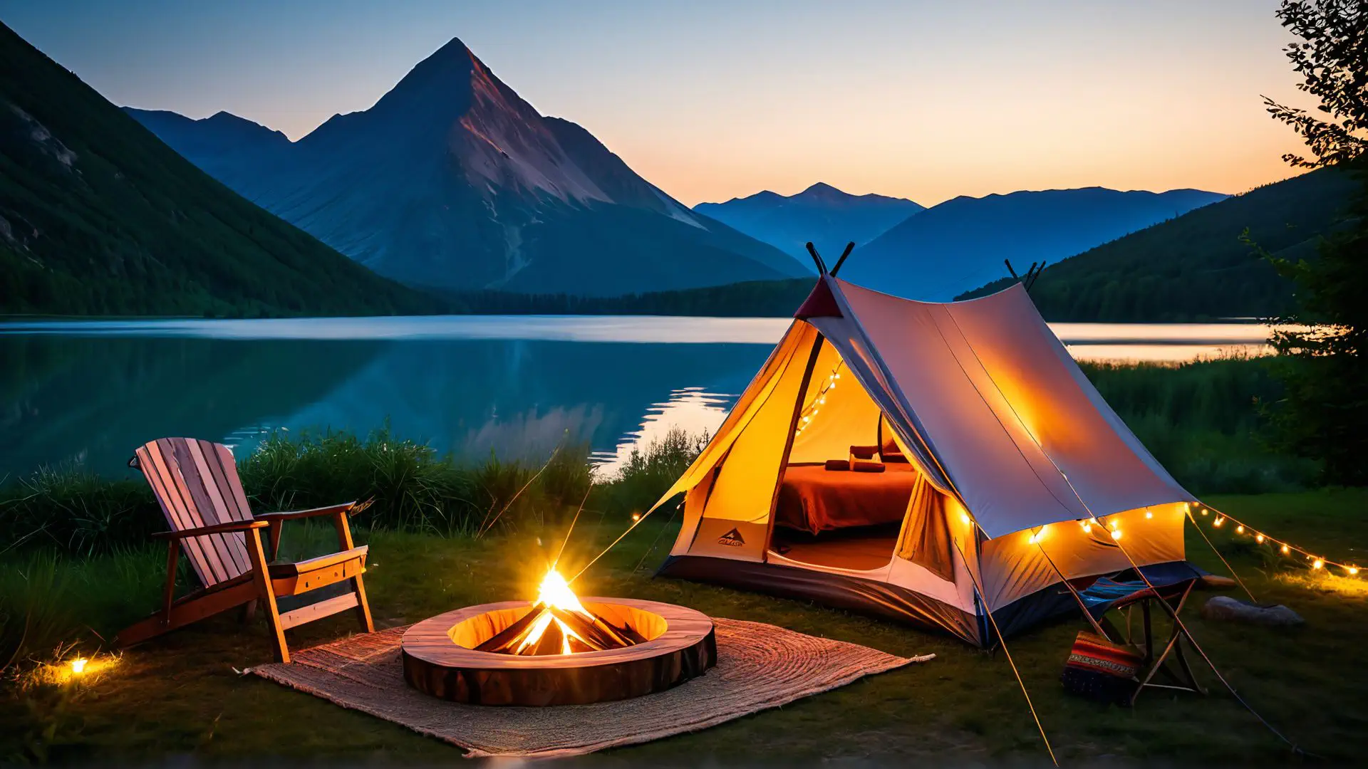 Luxe glamping tent aan bergmeer met kampvuur tijdens zonsondergang