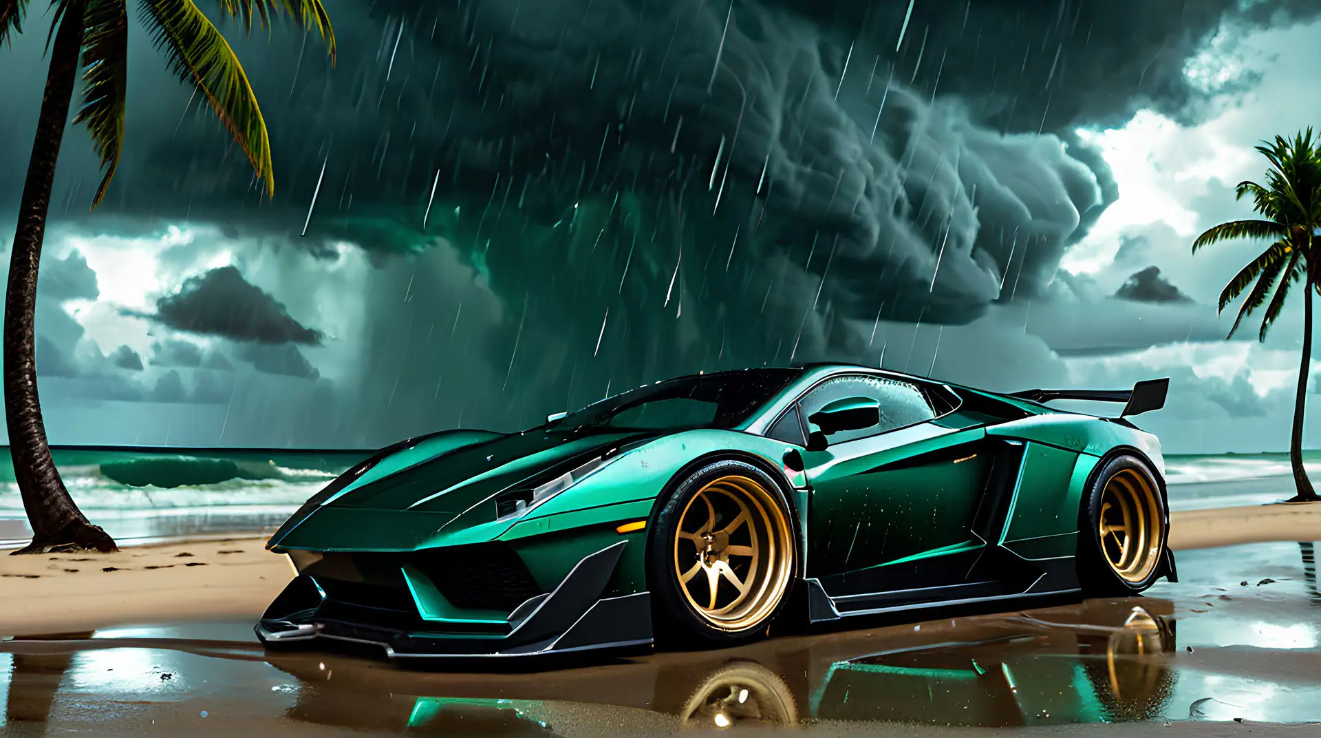 Emerald Groene Hypercar met Gouden Velgen in Tropische Storm