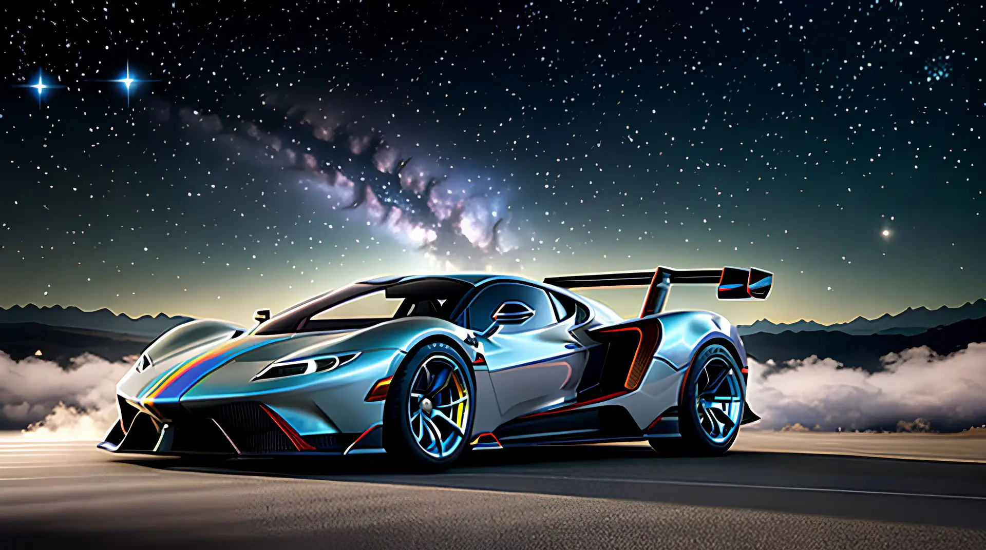 Zilveren Hypercar onder Sterrenhemel 4K Wallpaper