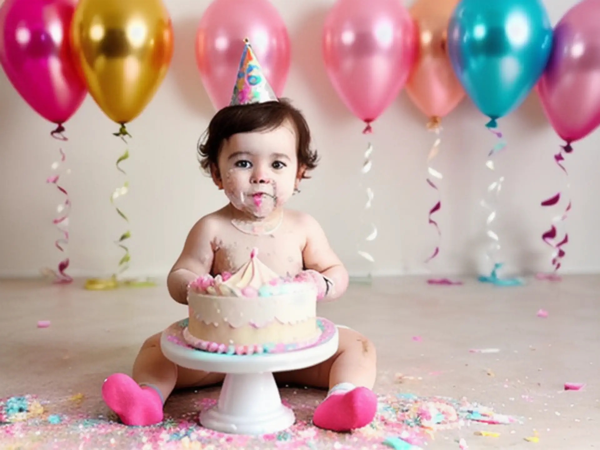 Vrolijke cake smash fotoshoot met ballonnen en verjaardagstaart