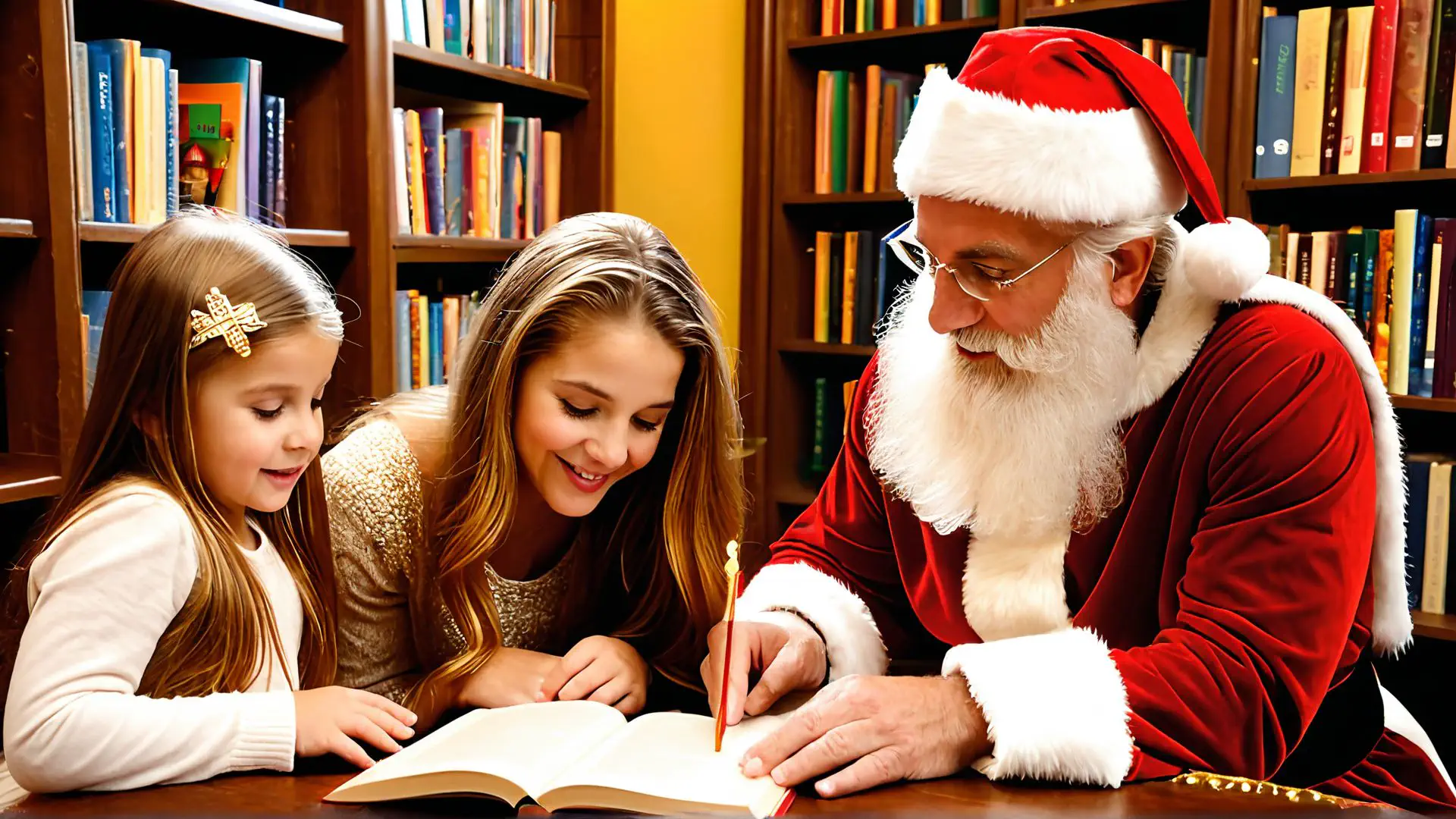 Kerstman leest voor in gezellige bibliotheek tijdens feestdagen