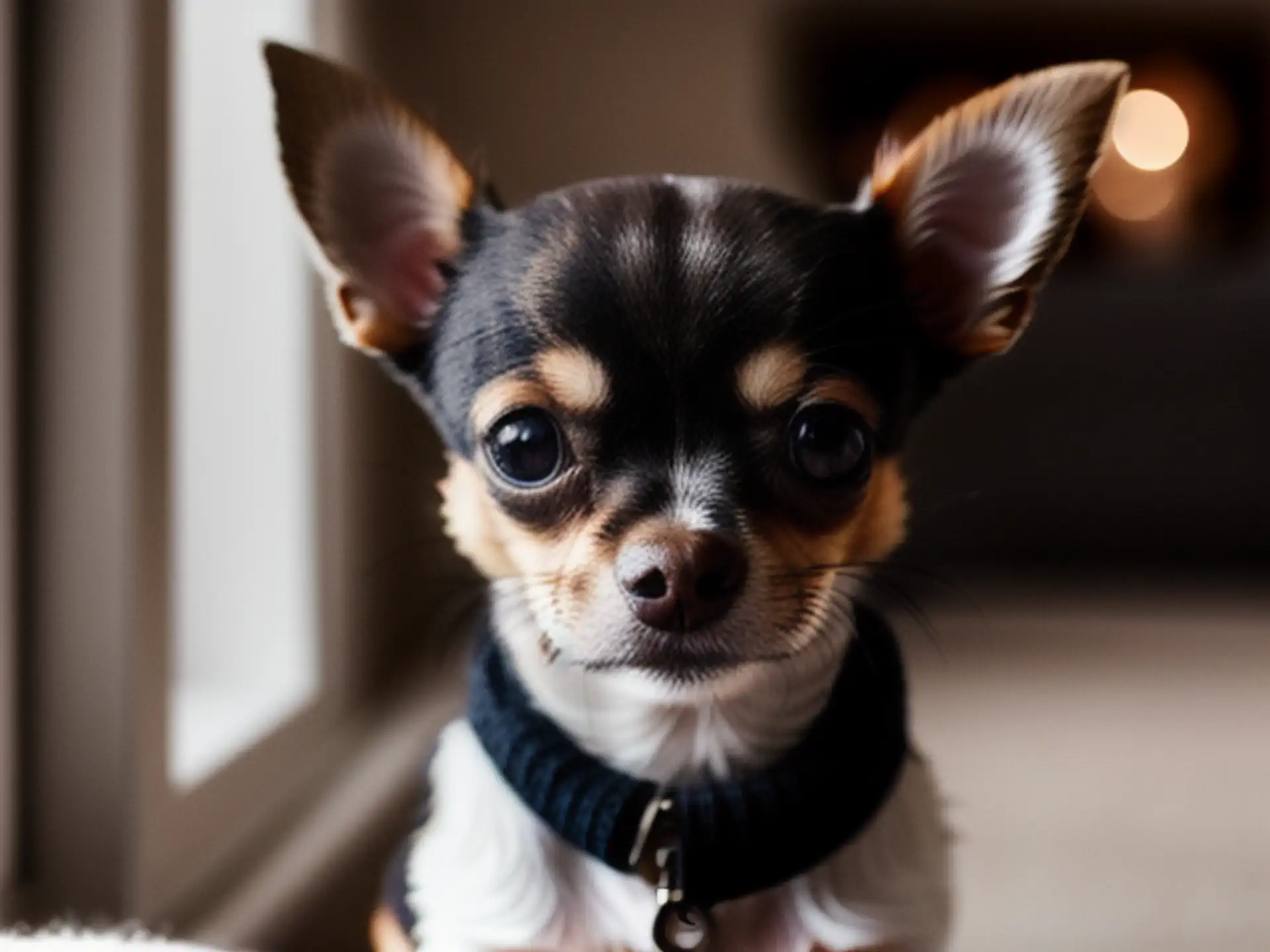 Schattige Chihuahua puppy met blauwe trui in close-up portret