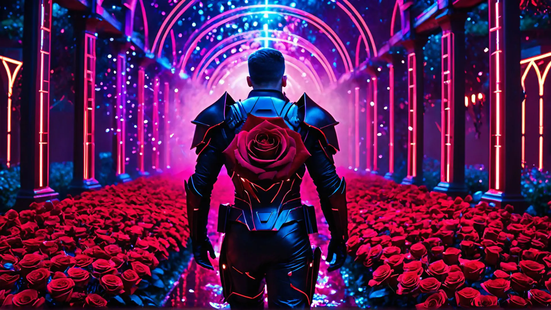 Futuristisch harnas in magische rozentuin met neon verlichting