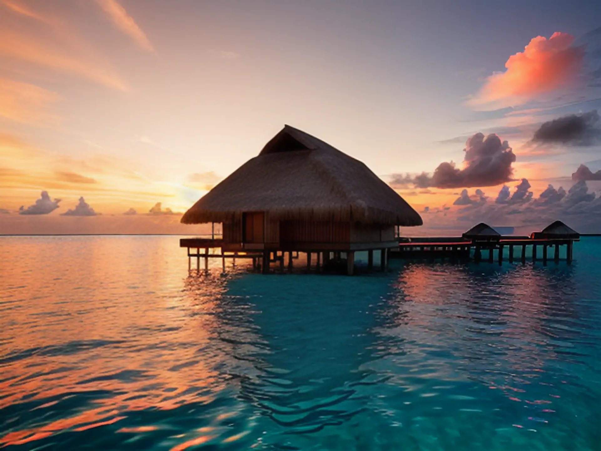 Luxe watervilla bij zonsondergang in tropische lagune Malediven