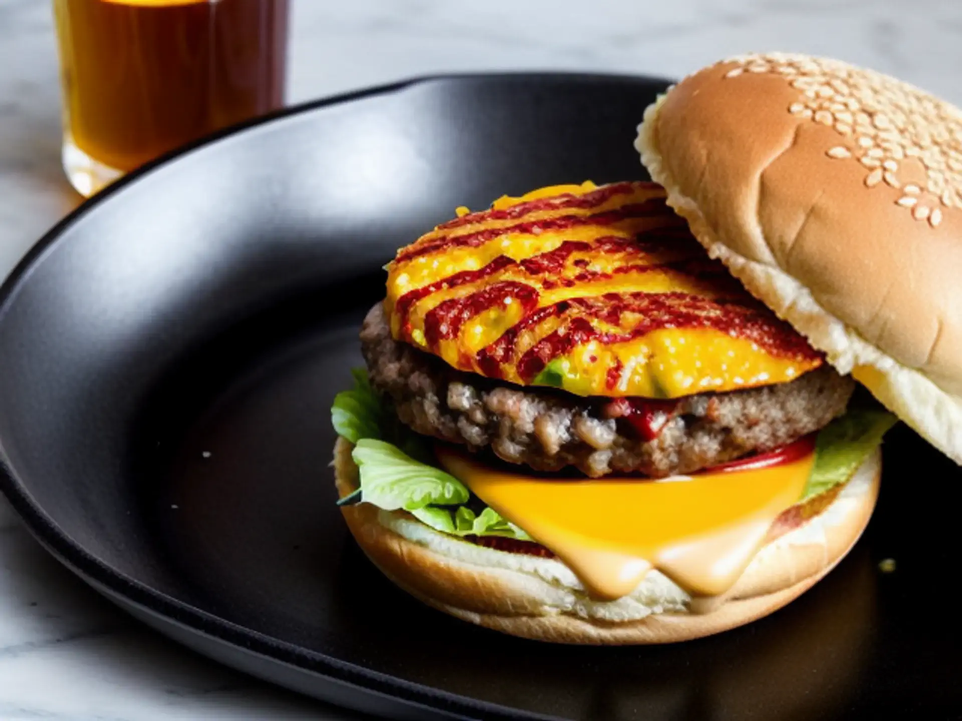 Sappige cheeseburger met gesmolten kaas en ketchup op zwart bord