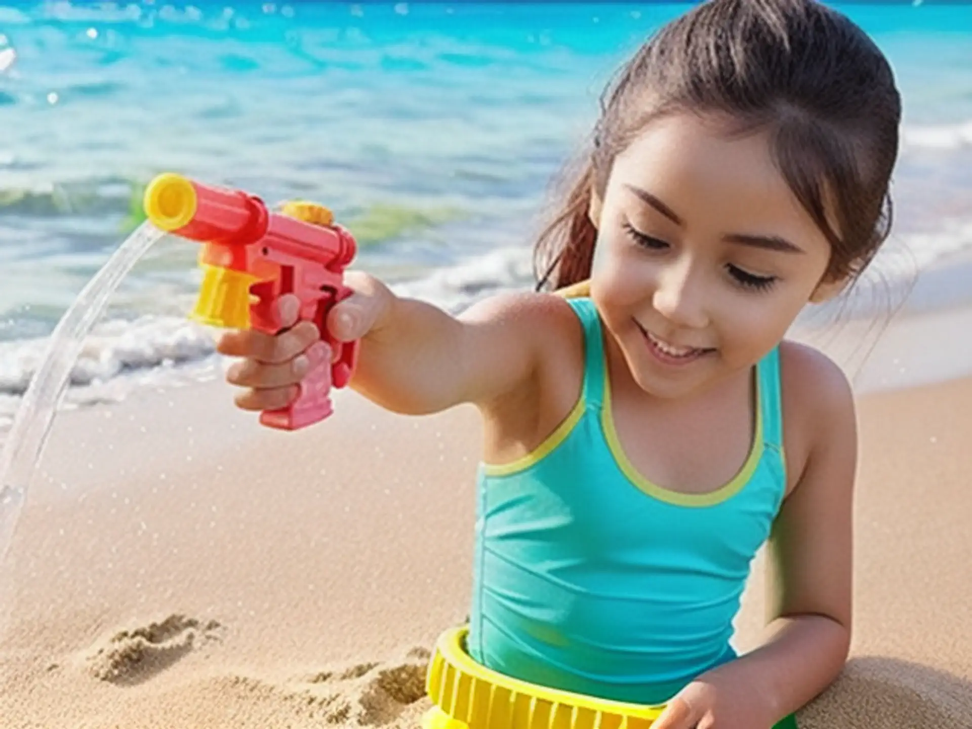 Zomers strandplezier met kleurrijk waterpistool aan de kust