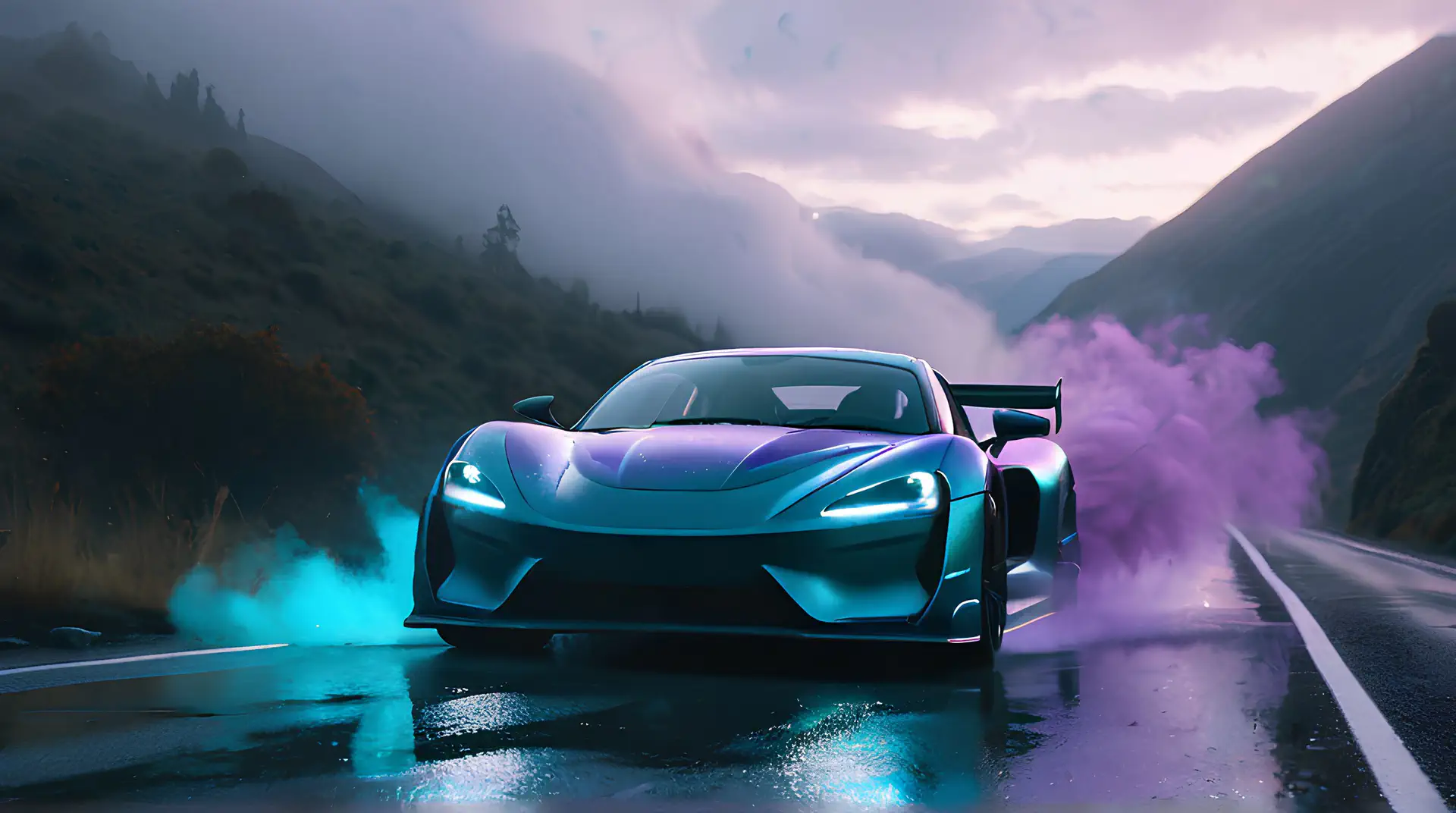 Turquoise Hypercar met Kleurrijke Rookeffecten op Mistige Bergweg 4K Wallpaper